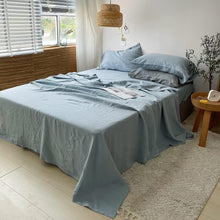 Load image into Gallery viewer, Luxurious 100% Pure Flax Linen Bed Sheet Set in Dusty Blue - Queen Size 4-Pcs