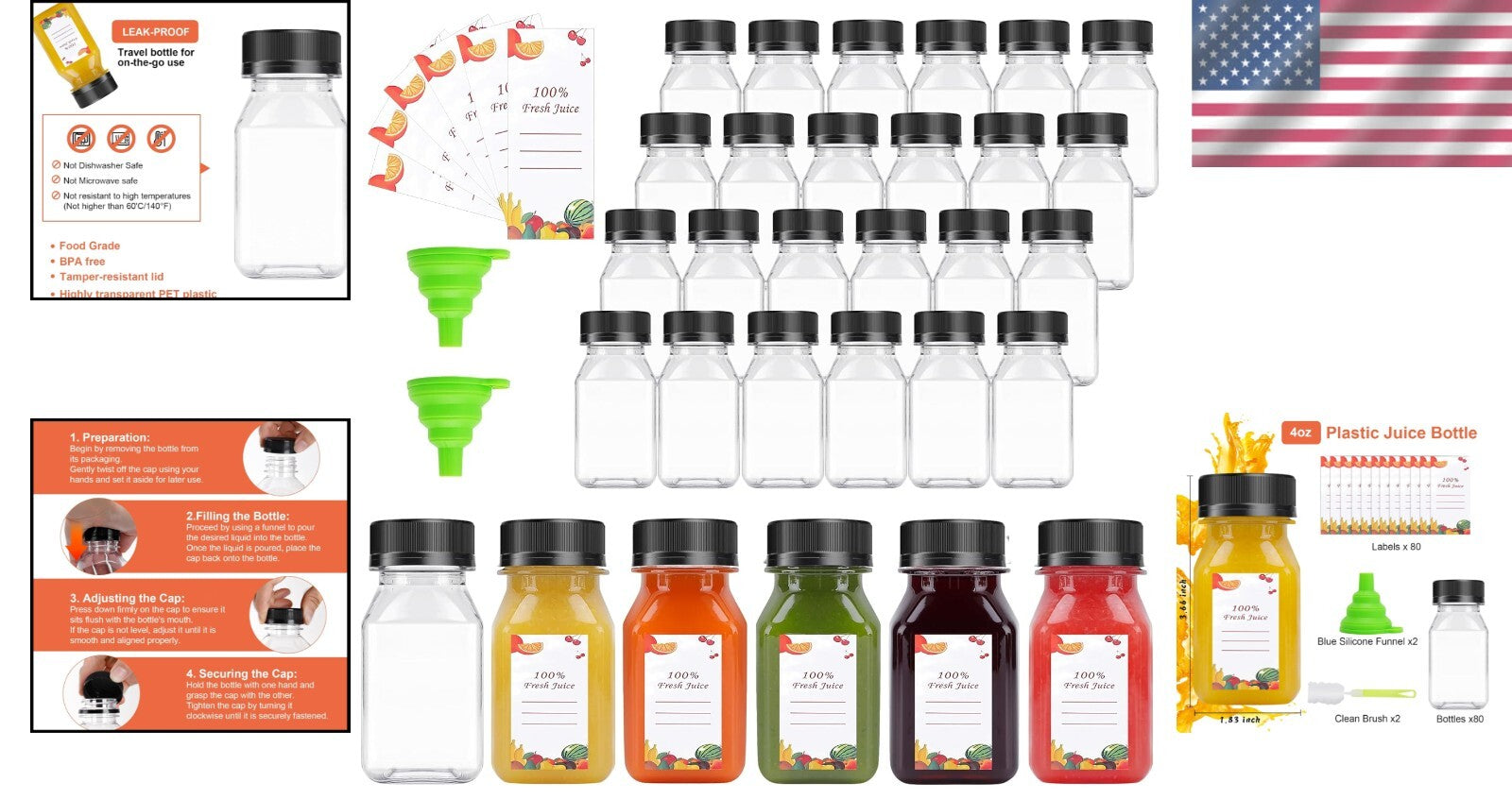 Food-Grade Clear Juice and Smoothie Bottles - 80 Count with Accessories