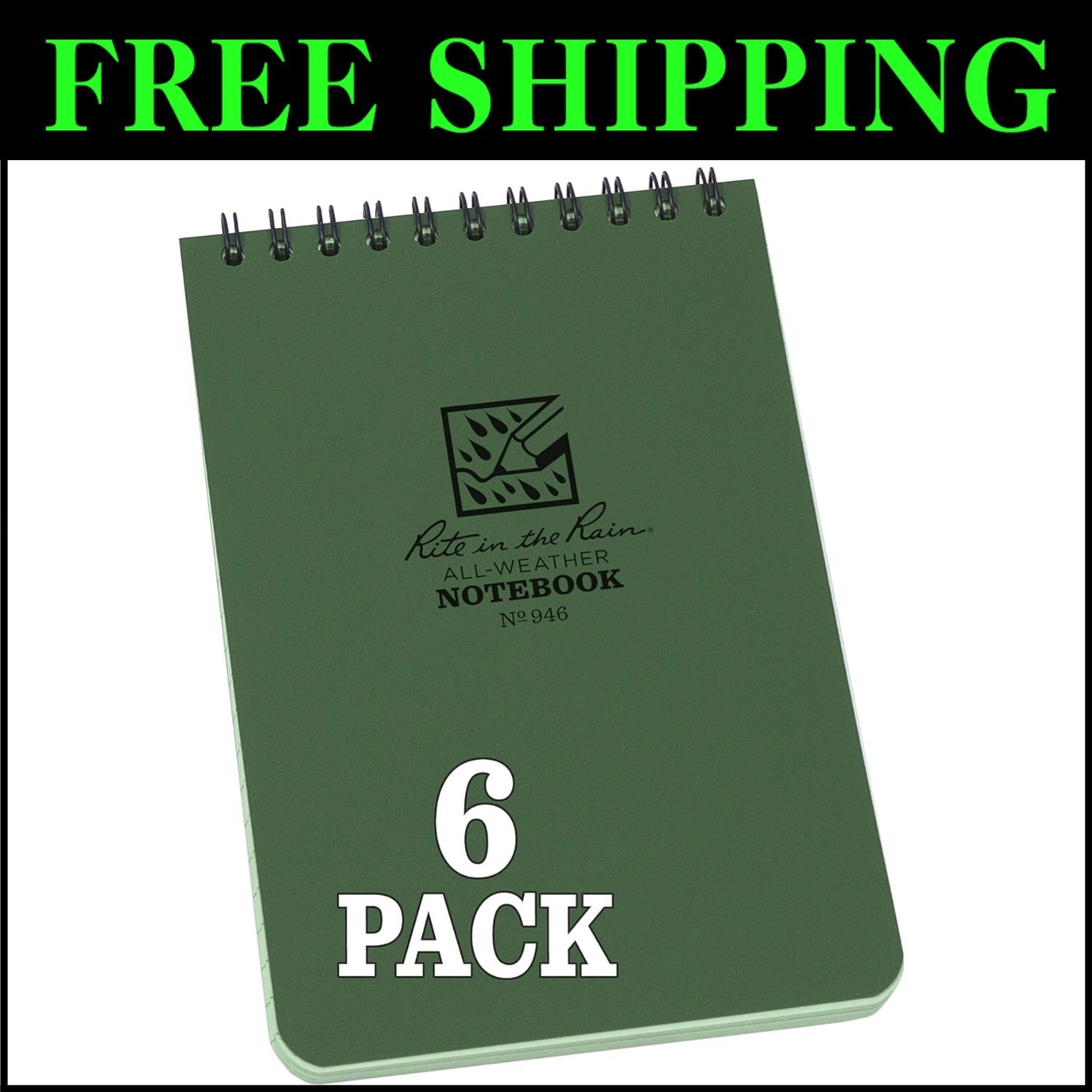 Durable Weatherproof Top Spiral Notebooks, Green - 6-Pack for Active Lifestyles