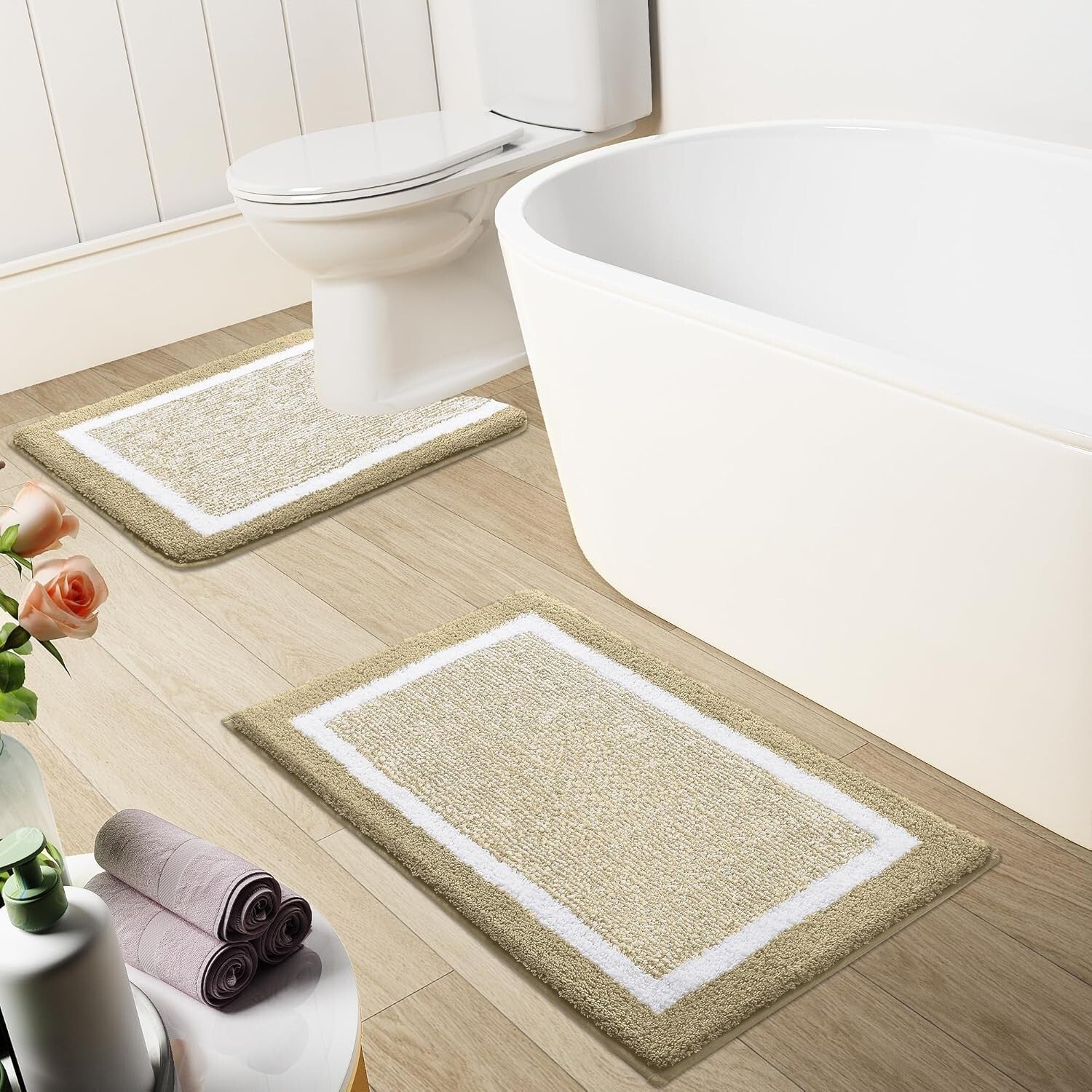 Absorbent Non-Slip 3-Piece Microfiber Bathroom Rugs Set - Elegant Beige Design
