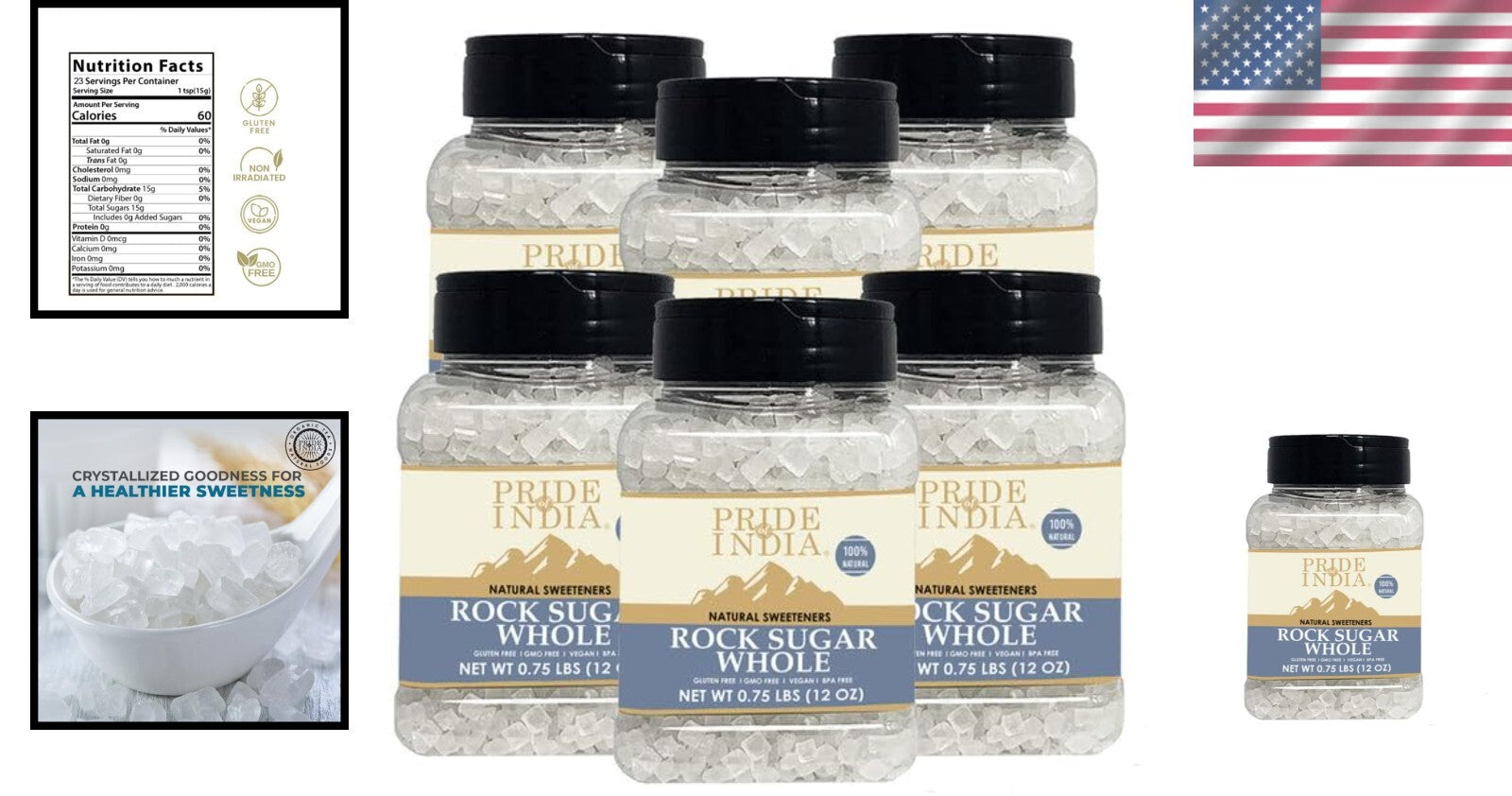 Traditional Indian Crystal Rock Sugar - Pack of 6, Convenient Dual Sifter Design