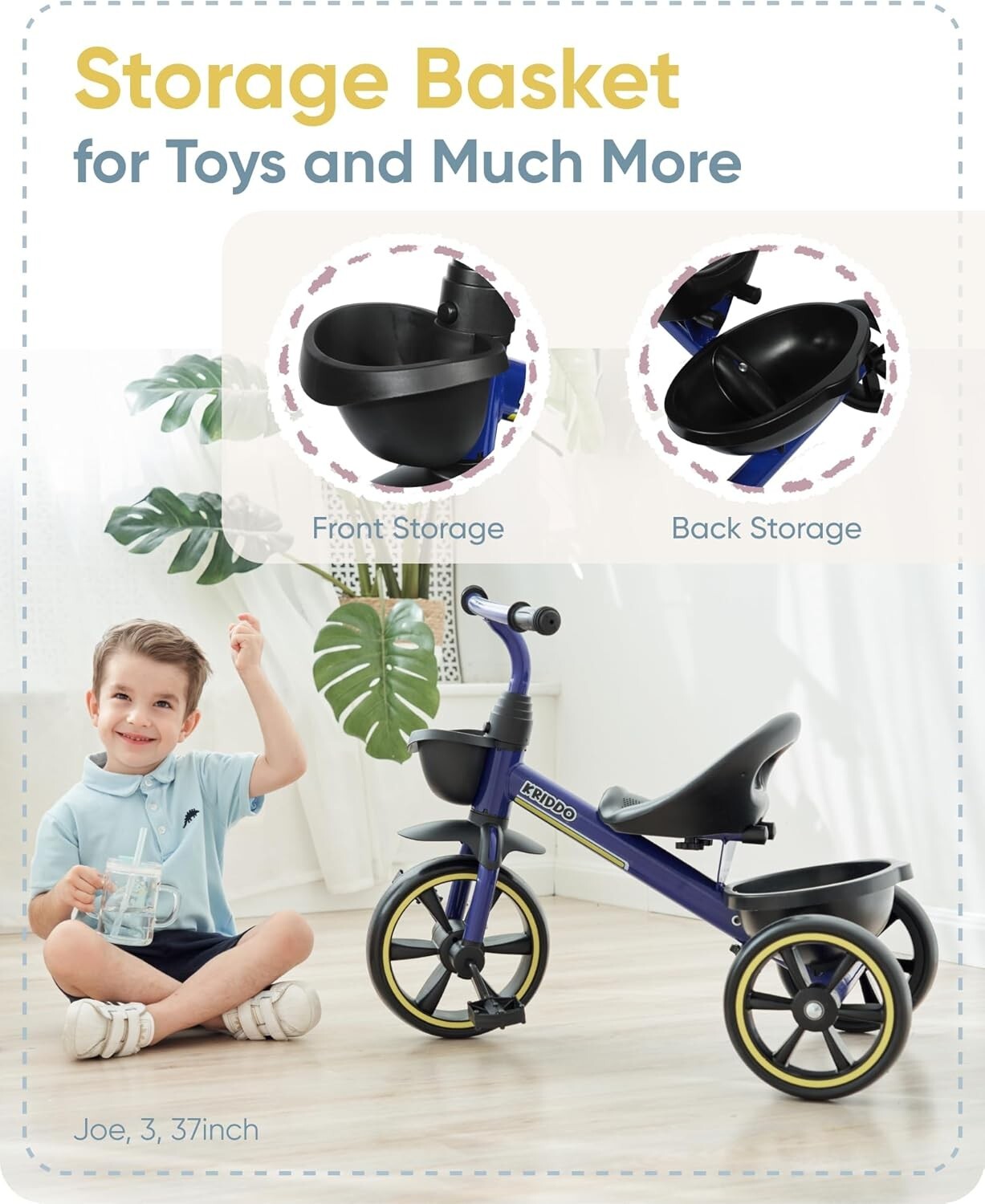 Blue Kids Trike for 2-4 Year Olds - Ergonomic Design & Roll-Over Prevention