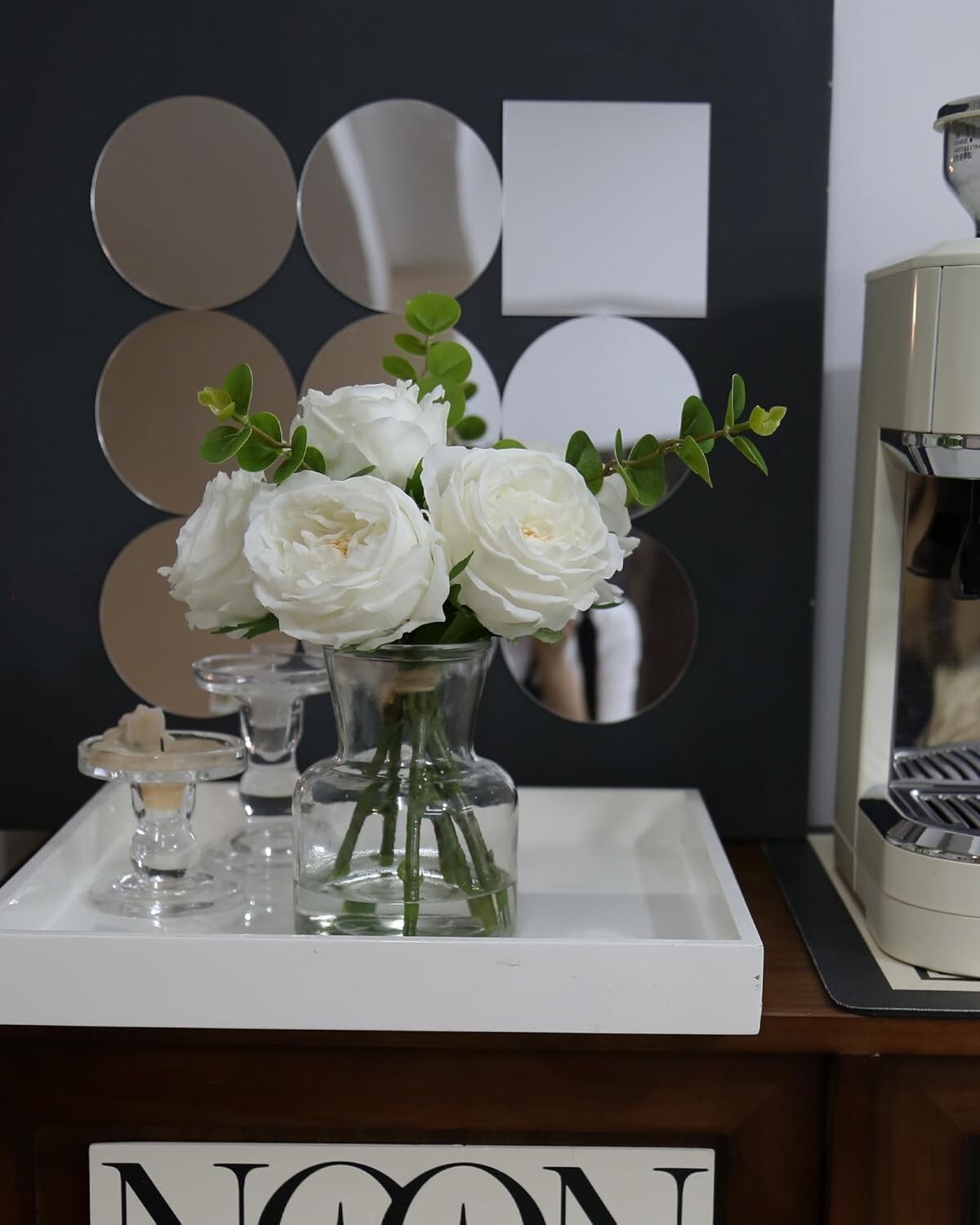 Elegant Artificial White Roses with Glass Vase - Lifelike Table Centerpiece