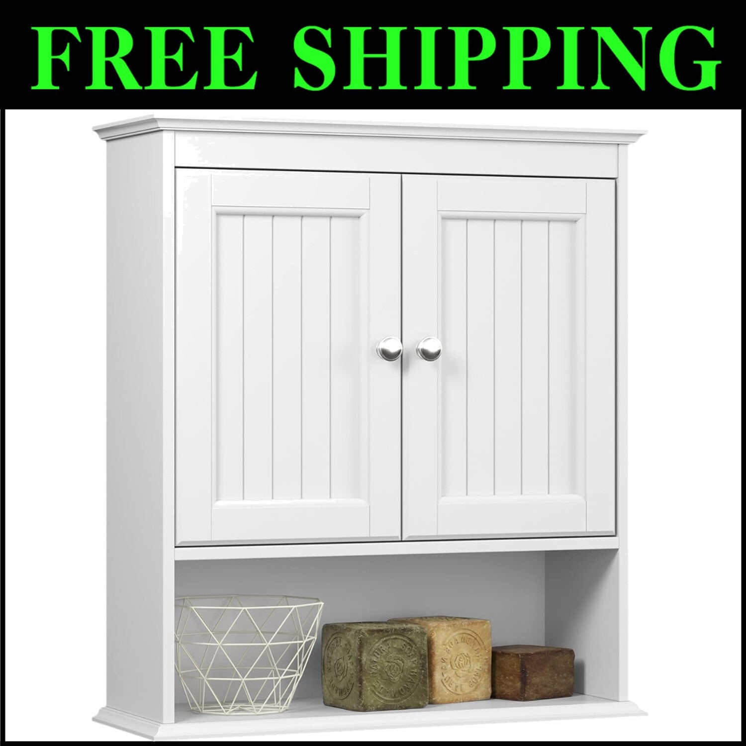 Durable Wall-Mounted Medicine Cabinet with Decorative Paneling & Nickel Handles