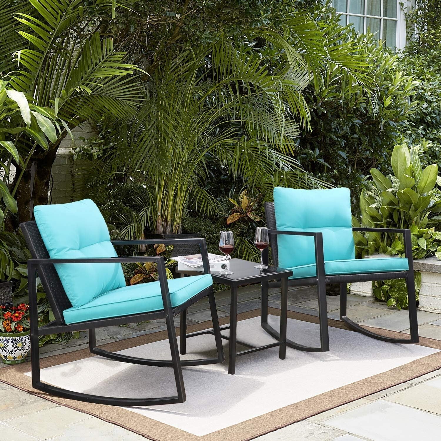 Durable Patio 3-Piece Rocking Wicker Set with Glass Table - Blue Elegance