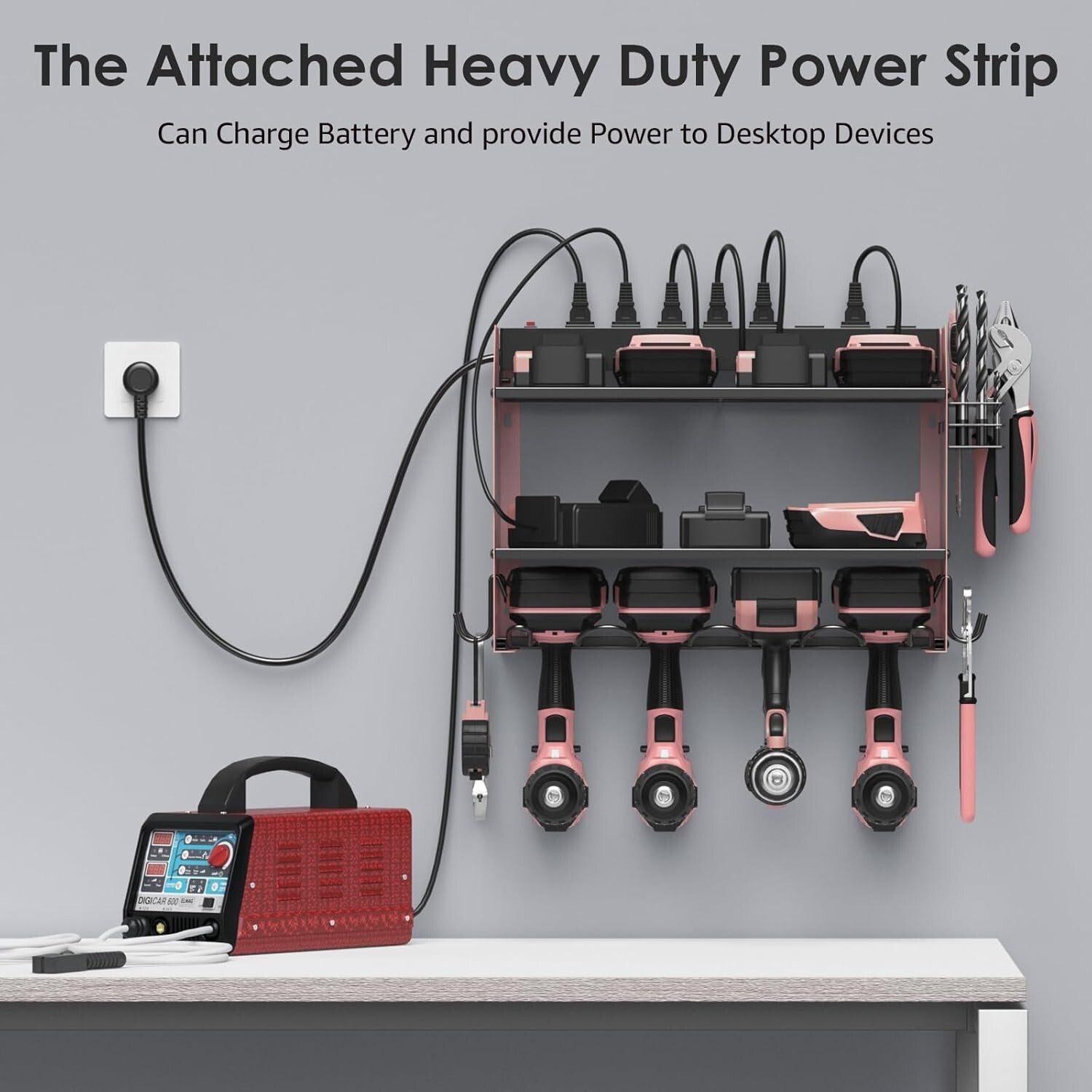Heavy-Duty Power Tool Storage Shelf with Hooks and Built-in Charging Station