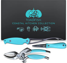 Load image into Gallery viewer, Ergonomic Seafood Tool Set: Crab Cutter, Shrimp Deveiner &amp; Oyster Knife in Blue