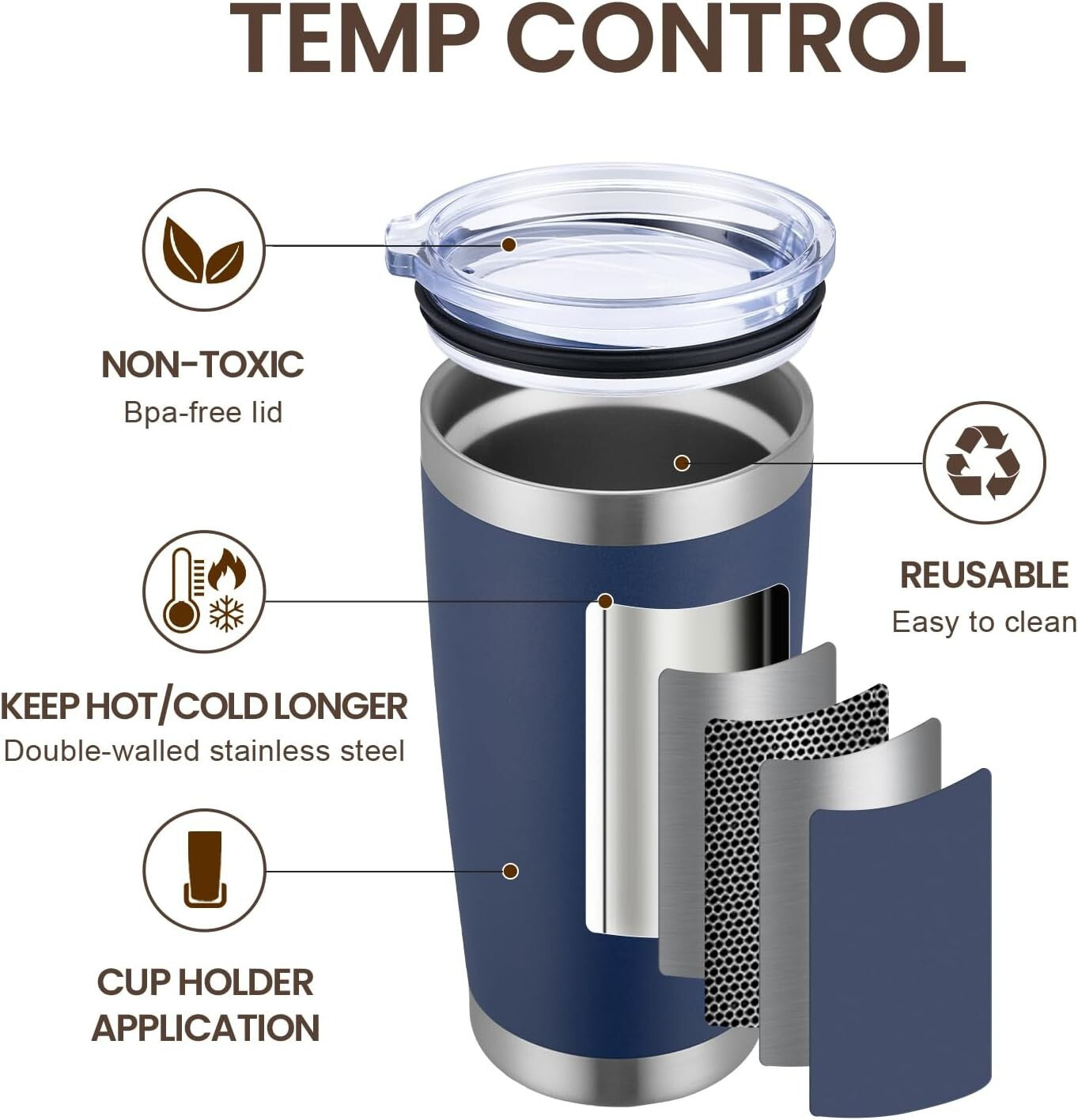 Navy 20oz Stainless Steel Tumblers - 8 Pack Double Wall Insulated Travel Mugs