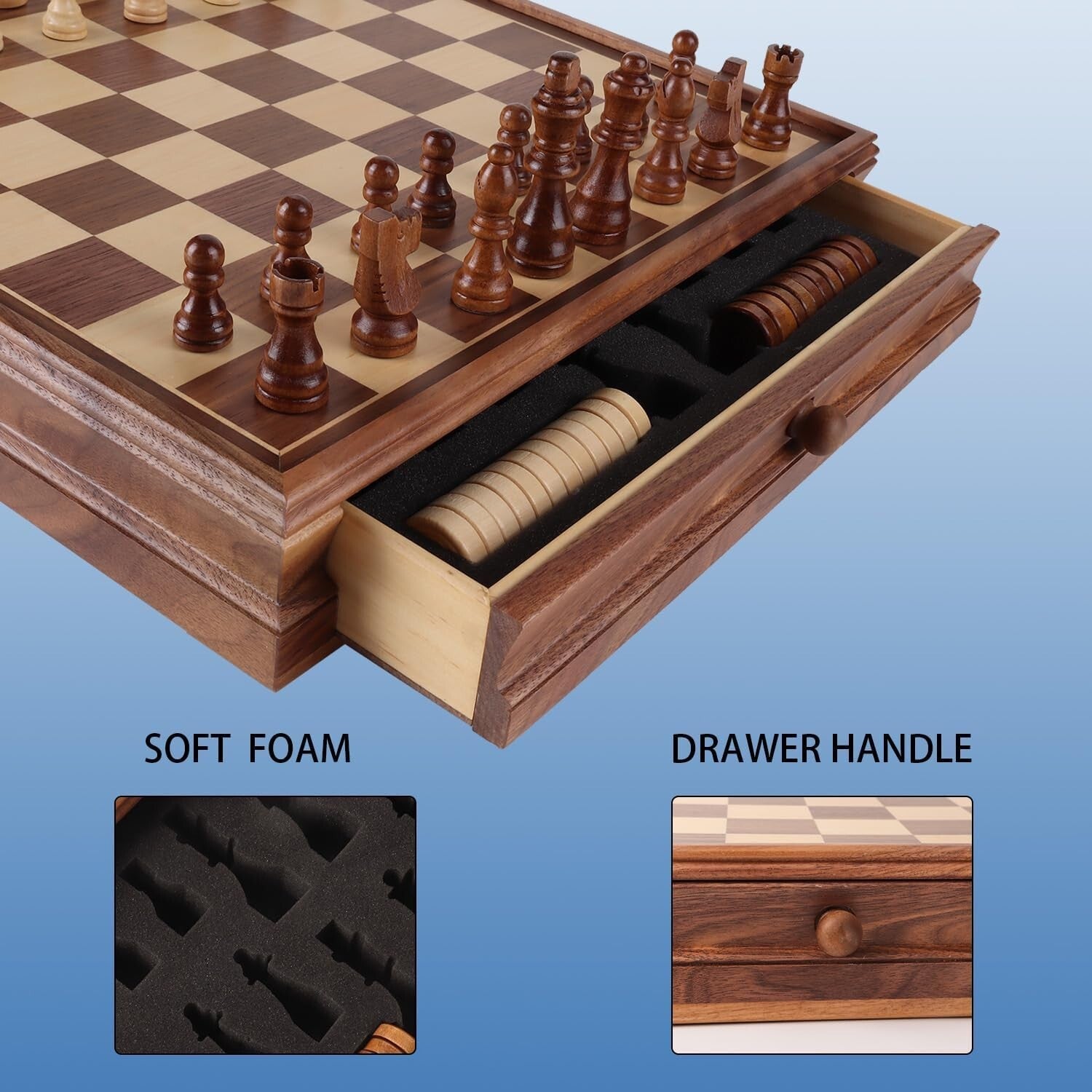 Elegant 15-Inch 2-in-1 Chess & Checkers Board Game Set with Storage Drawer