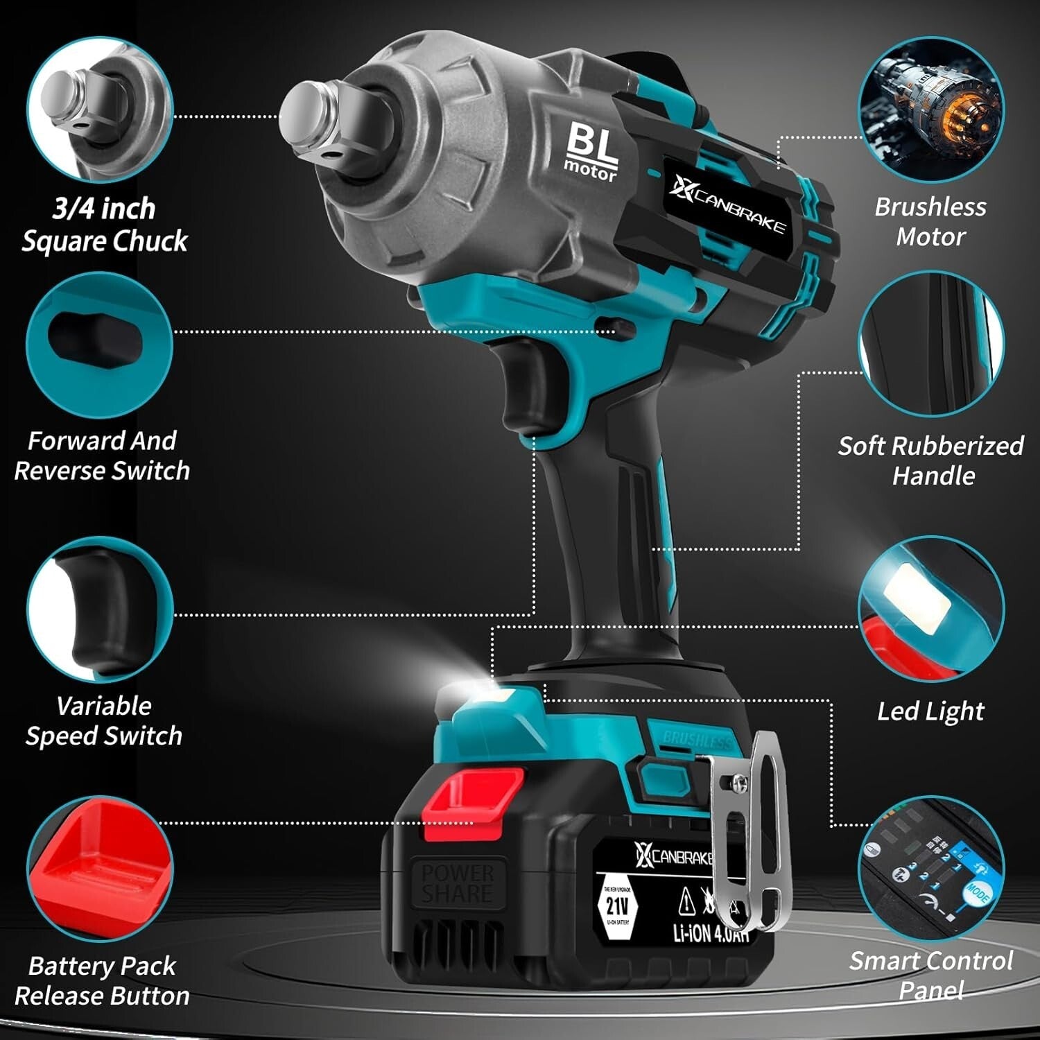 High Torque 3/4 Inch Brushless Impact Wrench - 5500RPM Power for Professionals