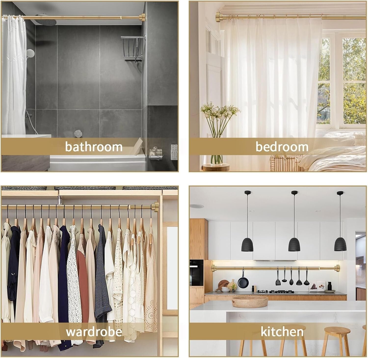 Versatile Gold Tension Shower Rod 34-96 Inches - Ideal for Bathrooms or Kitchens