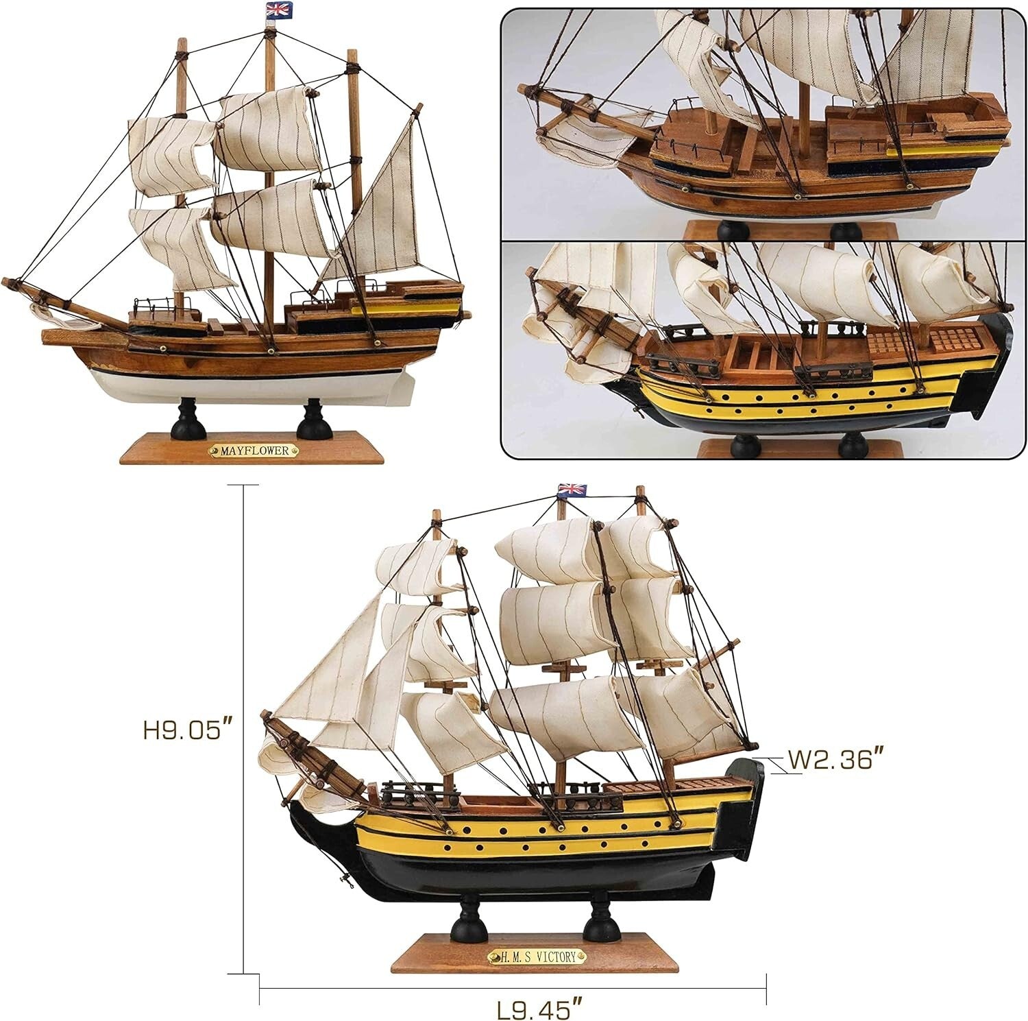 Fully Assembled Mayflower & Victory Model Ships - Nautical Decor Set (2 Pack)