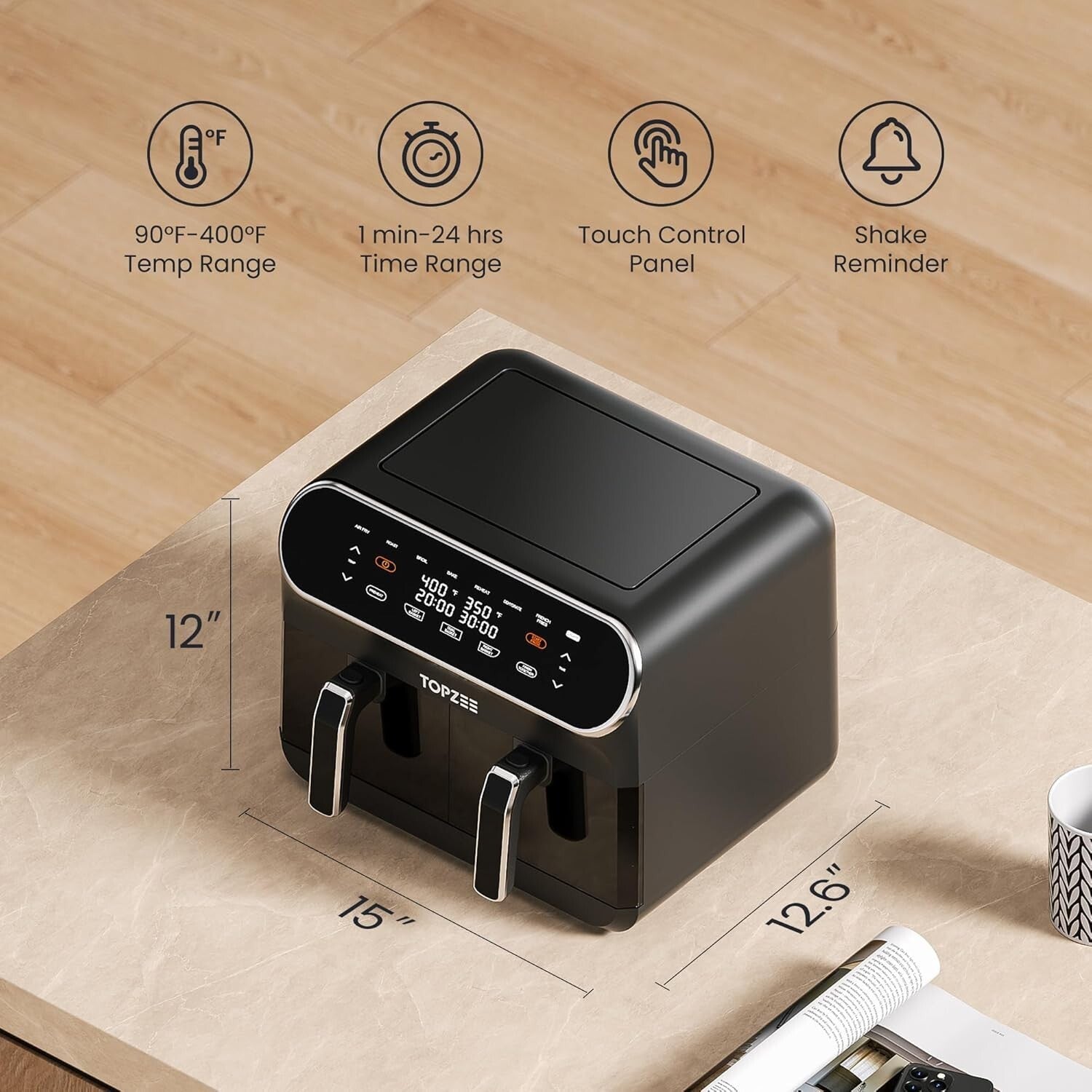 Large 8 Quart Programmable Air Fryer with Cooking Functions and Viewing Windows