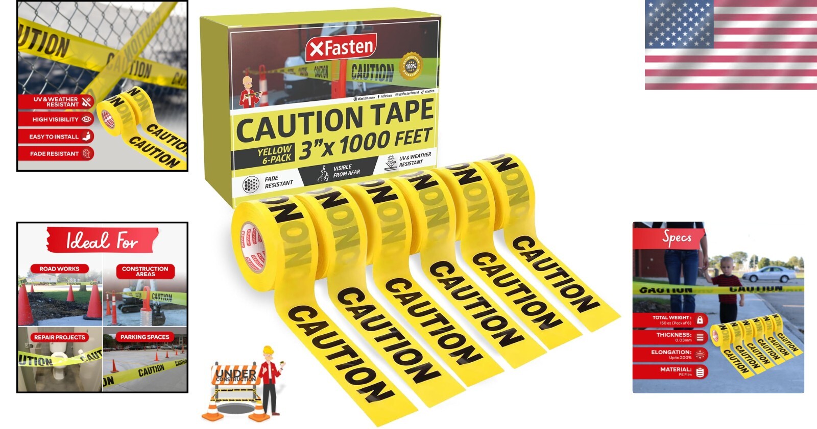 Weatherproof Yellow Caution Tape - 6-Pack, Ideal for Construction and Events