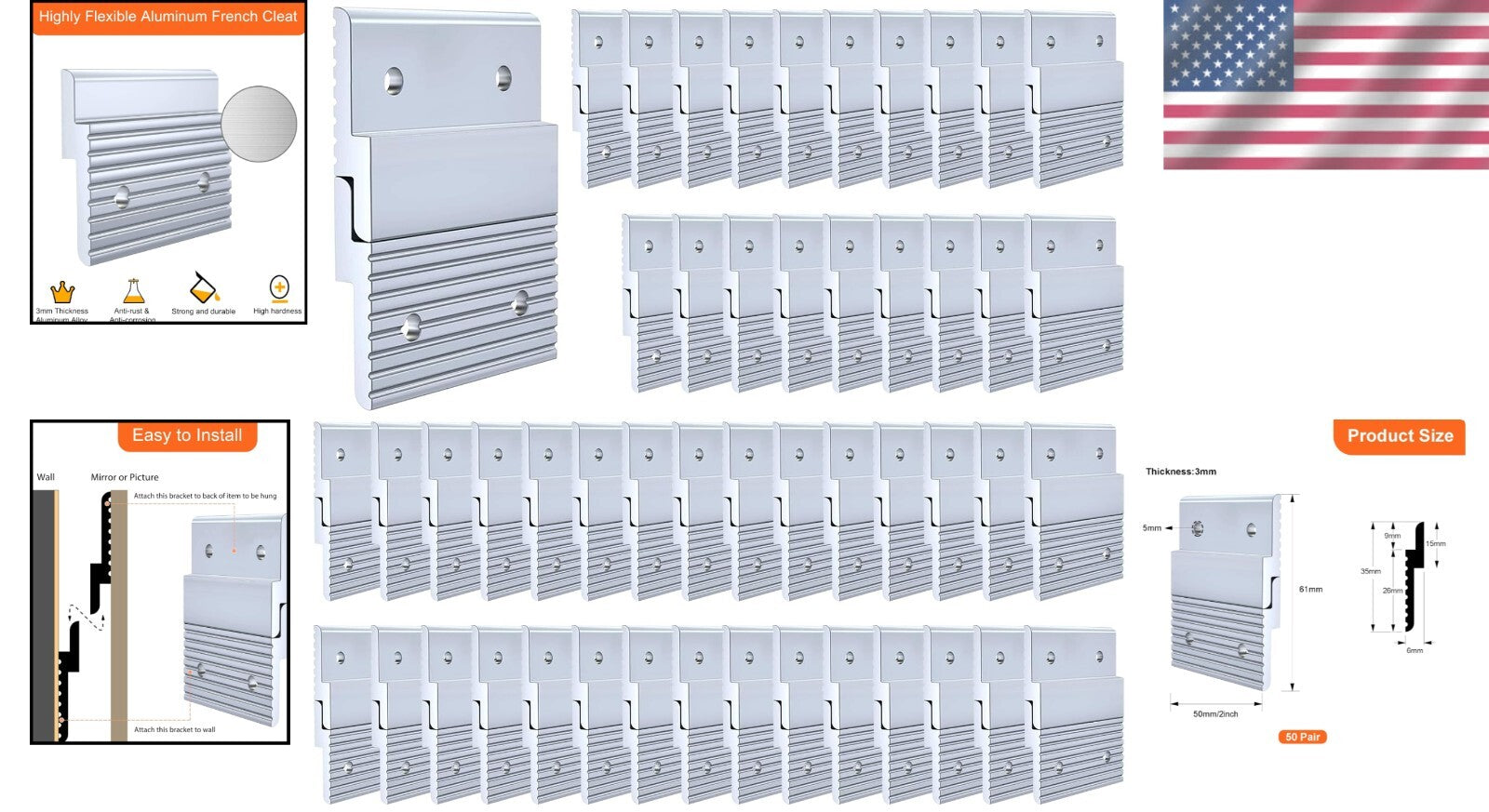 Interlocking Heavy Duty Aluminum Picture Hangers - 50 Pairs for Versatile Use