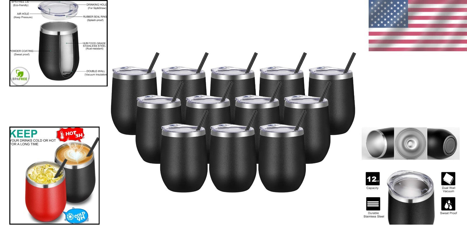 12oz Double Wall Vacuum Insulated Tumblers - Perfect for Wine & Coffee Lovers