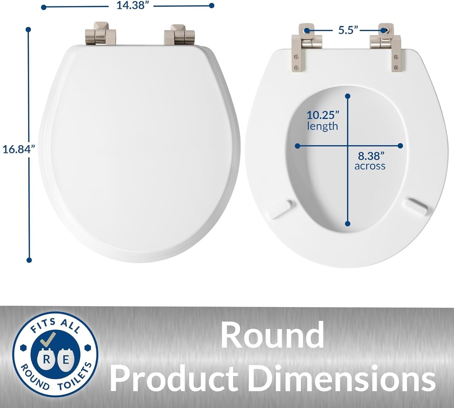 Elegant Round Toilet Seat with Brushed Nickel Hinges - Slow Close Wood Design