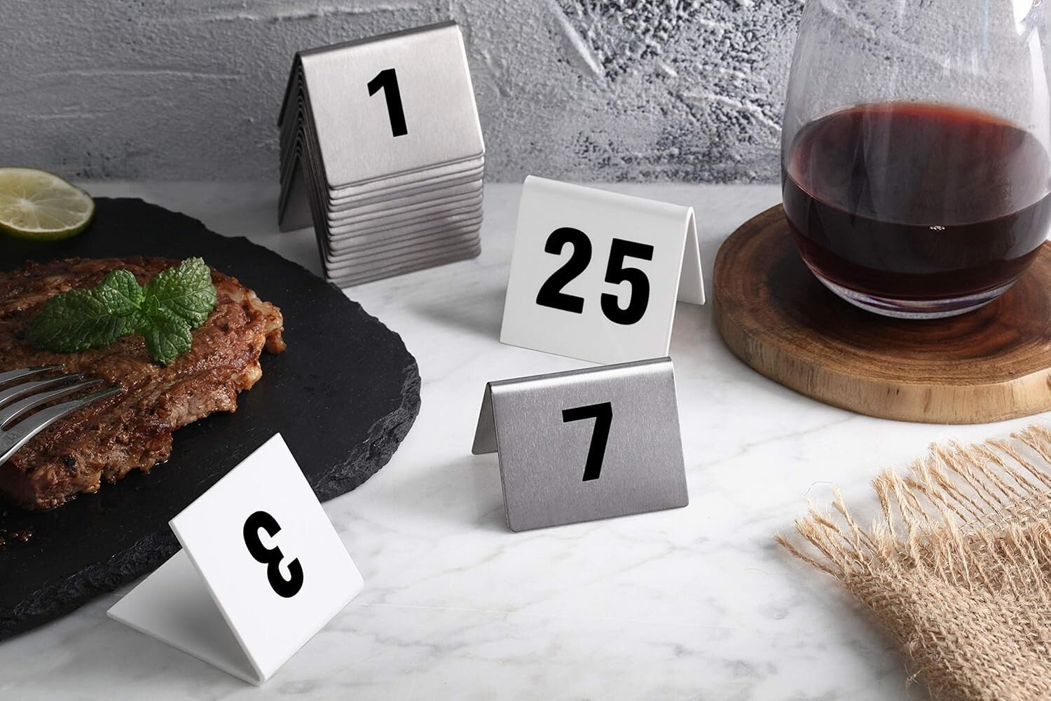 Double-Sided Stainless Steel Table Number Cards 1.5" x 2" for Banquets