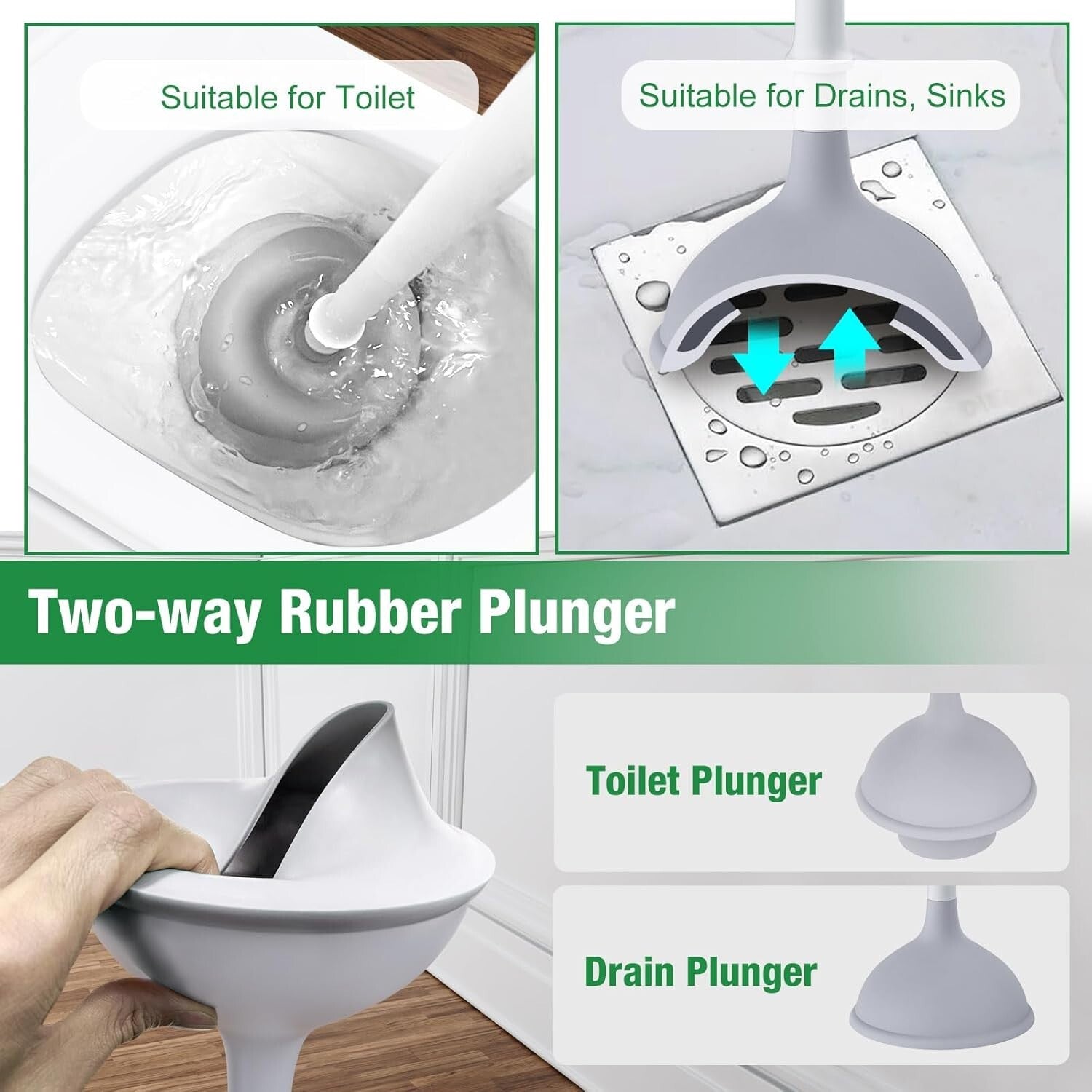 Deep Cleaning Toilet Brush and Plunger Set with Ergonomic Handle - White/Black