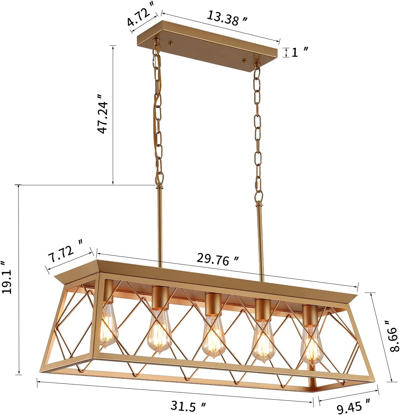 Adjustable 5-Light Gold Farmhouse Chandelier for Living Room and Dining Areas
