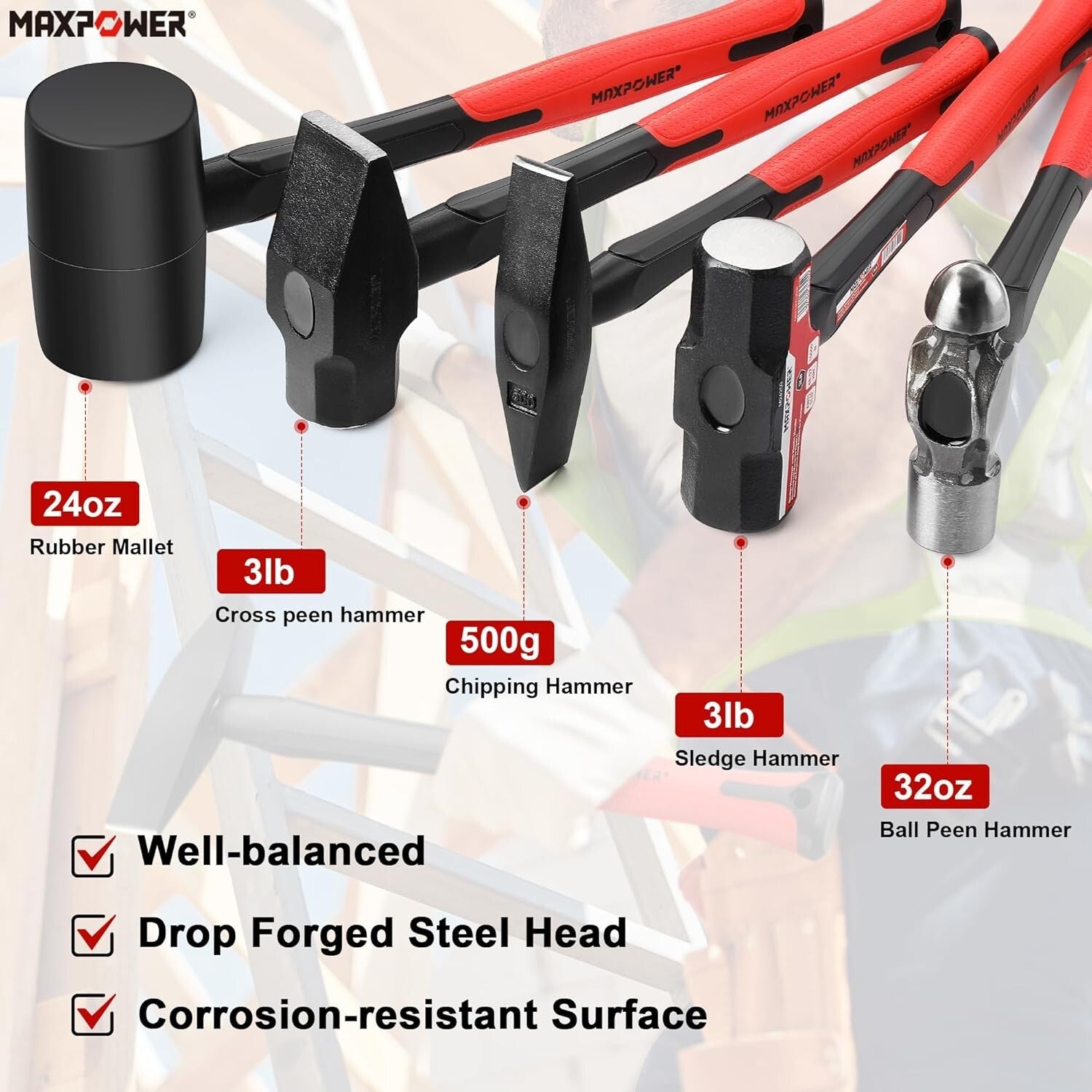 5-Piece Hammer Set: Sledge, Chipping and Ball Peen Hammers - Durable & Versatile