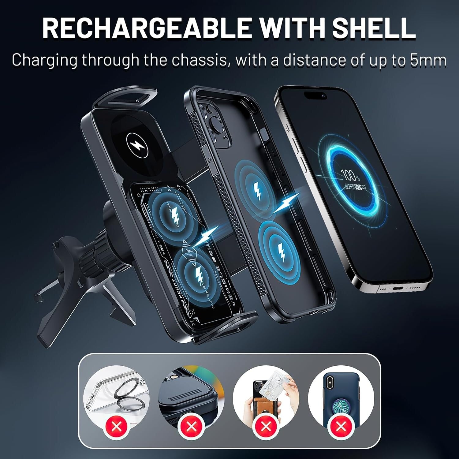 15W Wireless Car Charger and Auto Rotating Phone Holder - Magnetic Mount Black