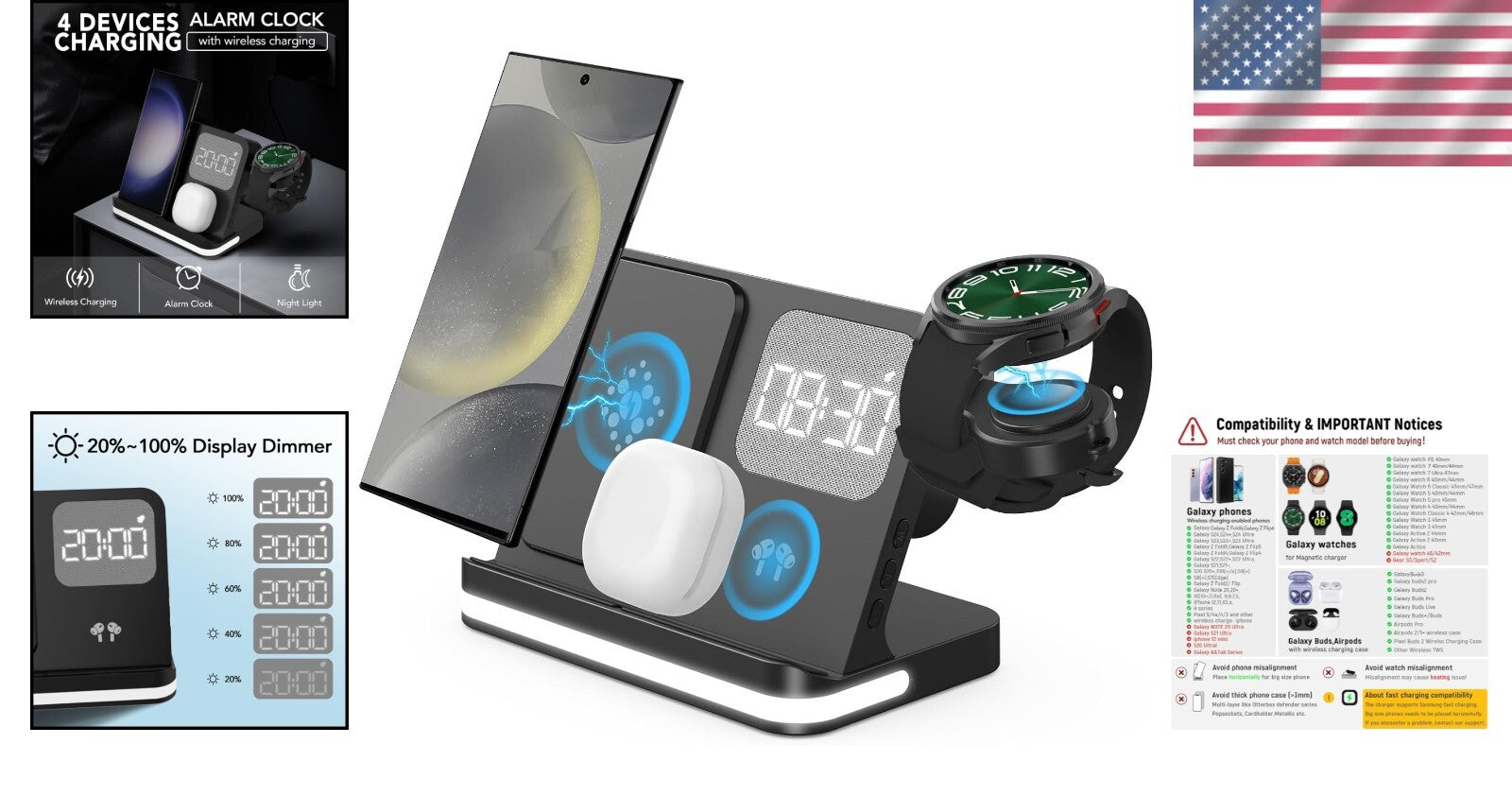 Compact Wireless Charging Station with Alarm Clock for Galaxy Watches/Samsung