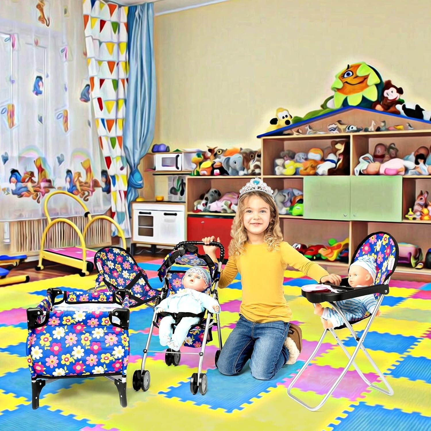 Toddler-Friendly 4 Piece Doll Accessories Set - Stroller, High Chair & Carry Bag