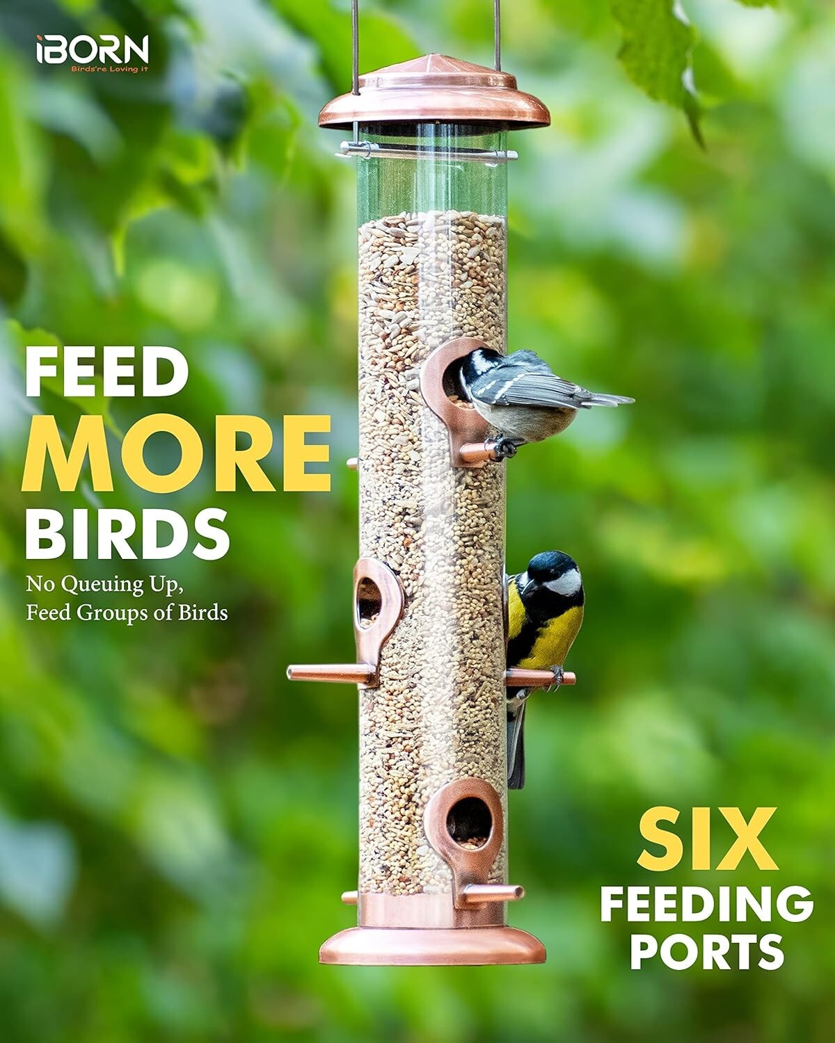 Durable 6-Port Hanging Bird Feeders - Brushed Copper Finish, Set of 2