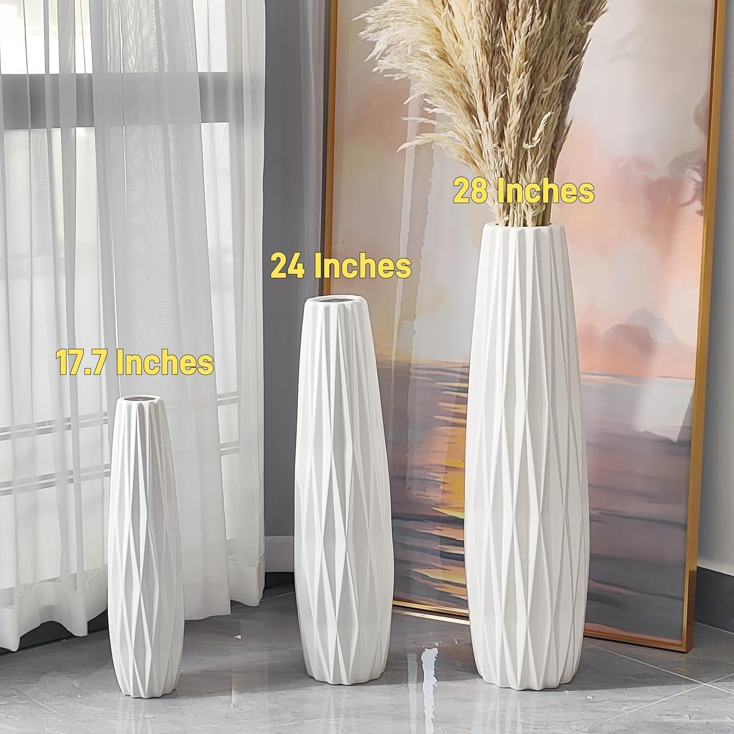 Durable 24-Inch White Ceramic Vase with Floral Pattern - Modern Home Centerpiece