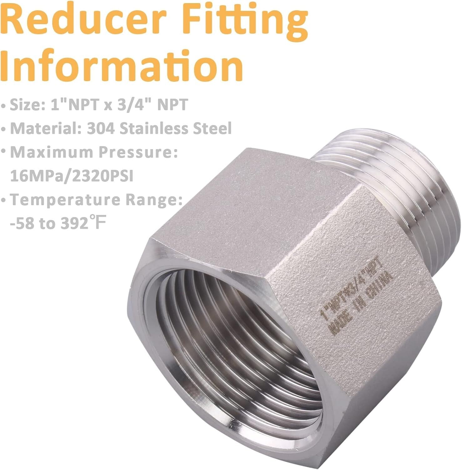 Pack of 5 Stainless Steel 304 Reducer Adapter Fittings - 1" Female x 3/4" Male