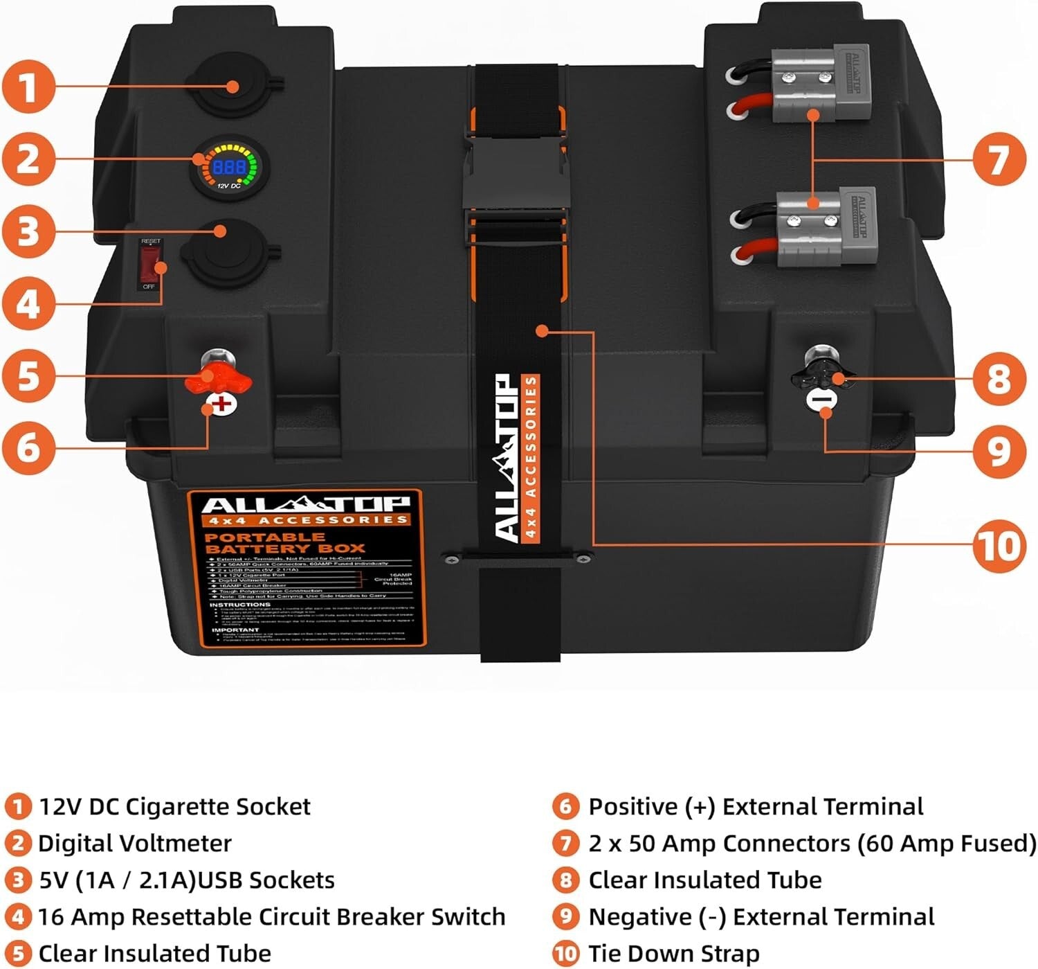 12V Smart Battery Box with 50AMP Connectors & Circuit Breaker for Versatile Use