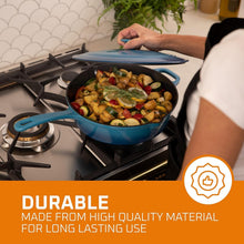 Load image into Gallery viewer, Oven-Safe 5QT Turquoise Cast Iron Frying Pan with Lid &amp; Stainless Steel Handle