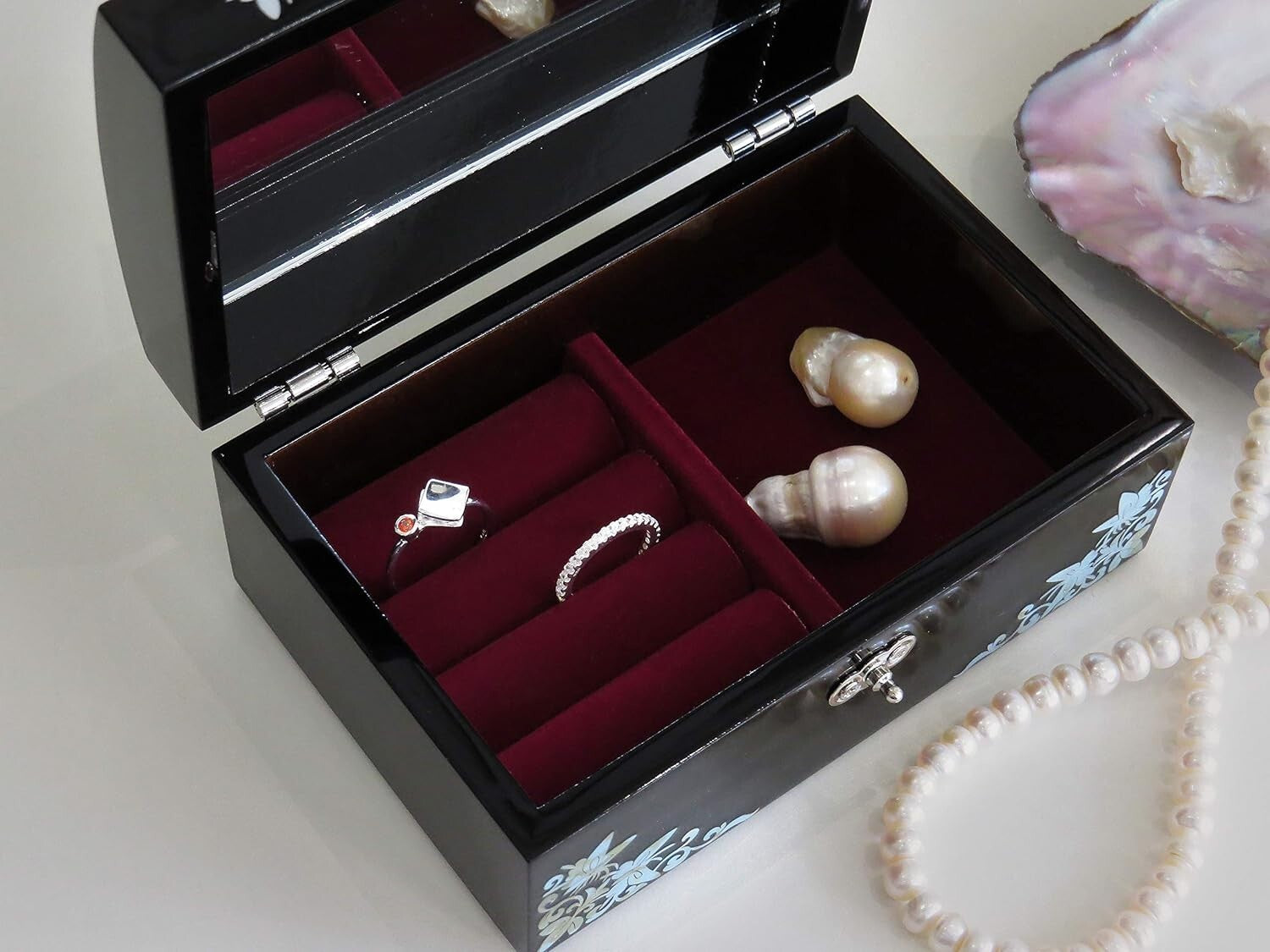 Elegant Butterflies Jewelry Box - Handmade Wood with Mirror Inside Lid