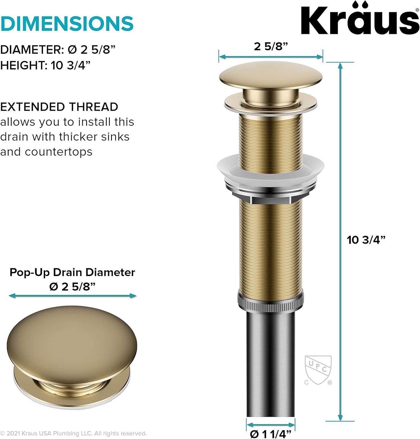 Elegant Brushed Gold Pop-Up Drain Assembly for Vessel Sinks - 10 3/4" Size