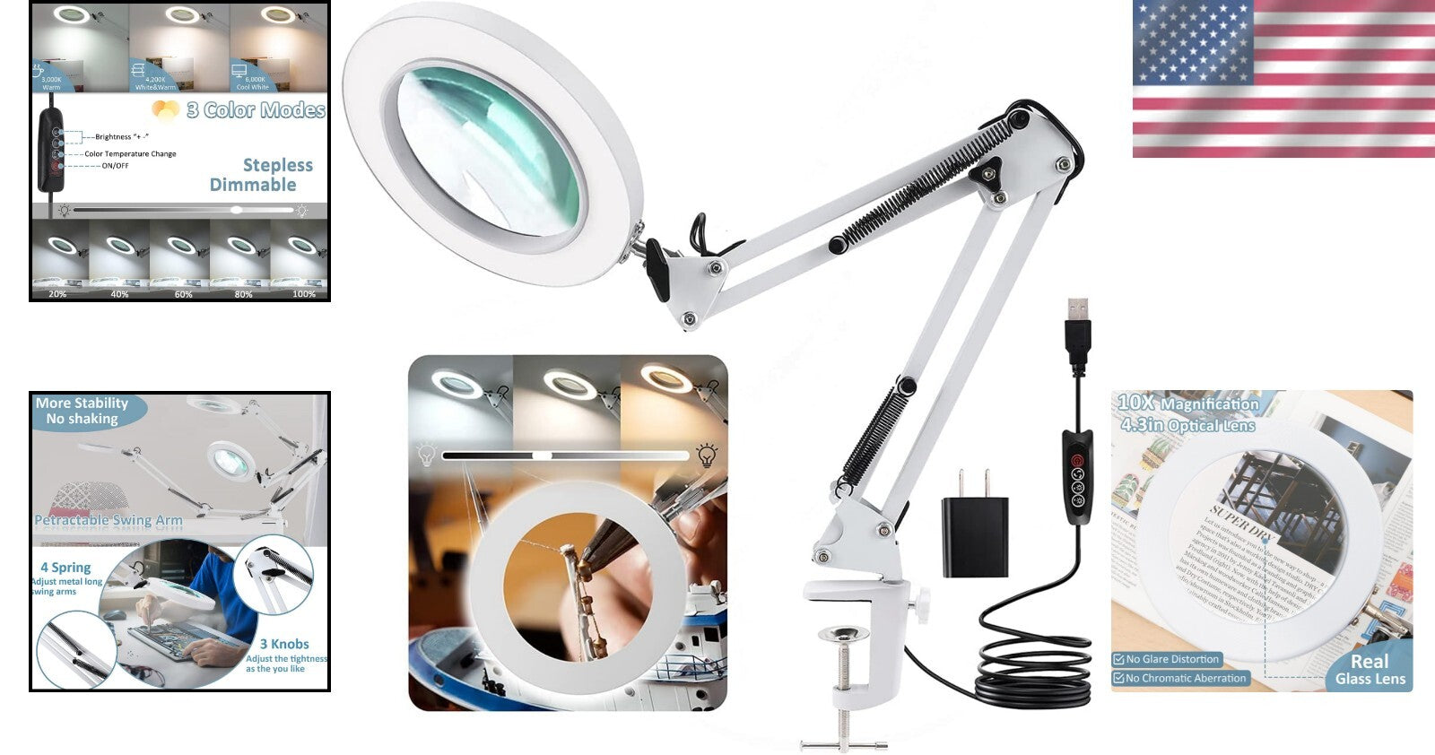 Adjustable 10X Magnifying Glass with LED Light & Eye Protection - Versatile Tool