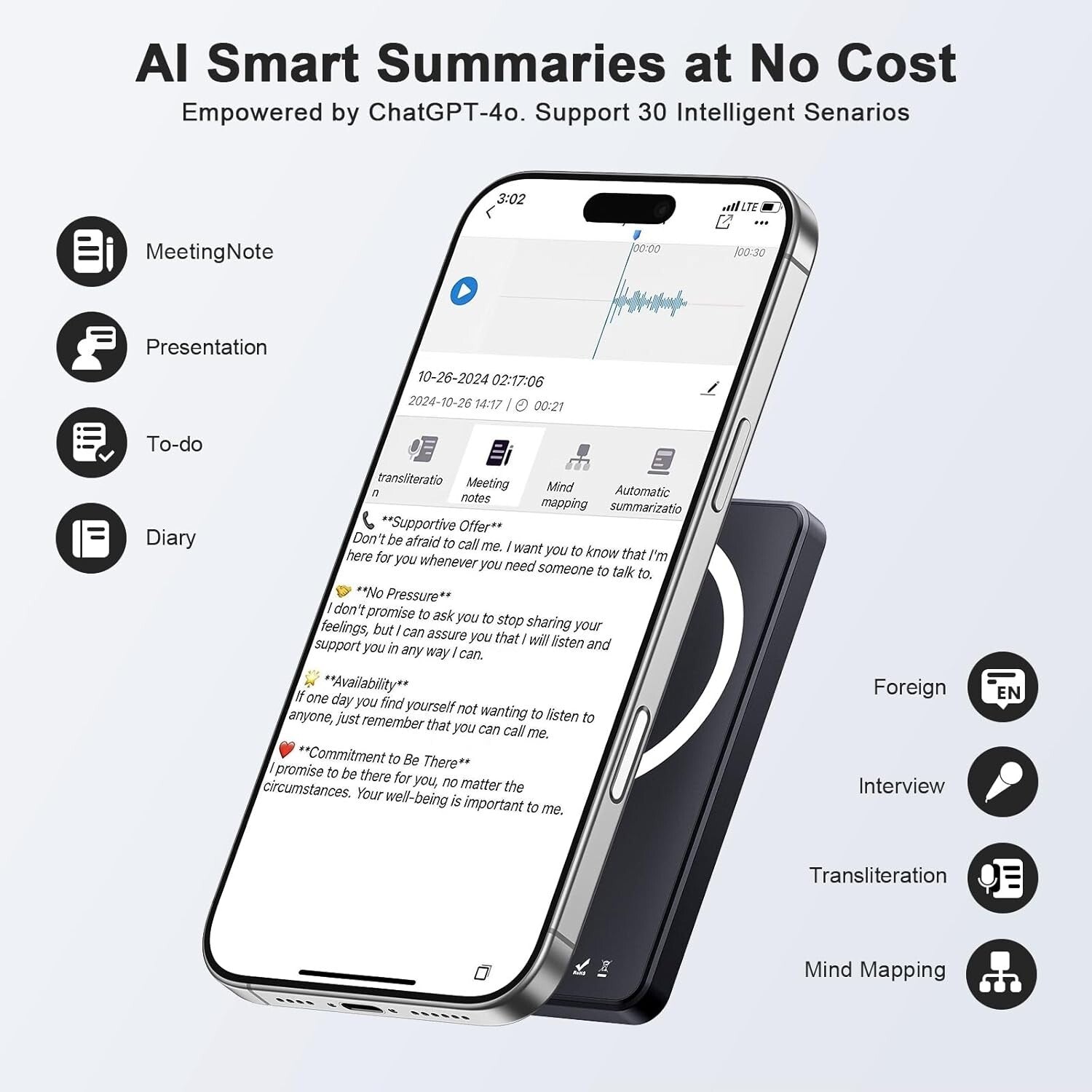 AI Voice Recorder with 121 Languages Translation & 64GB for Meetings & Lectures