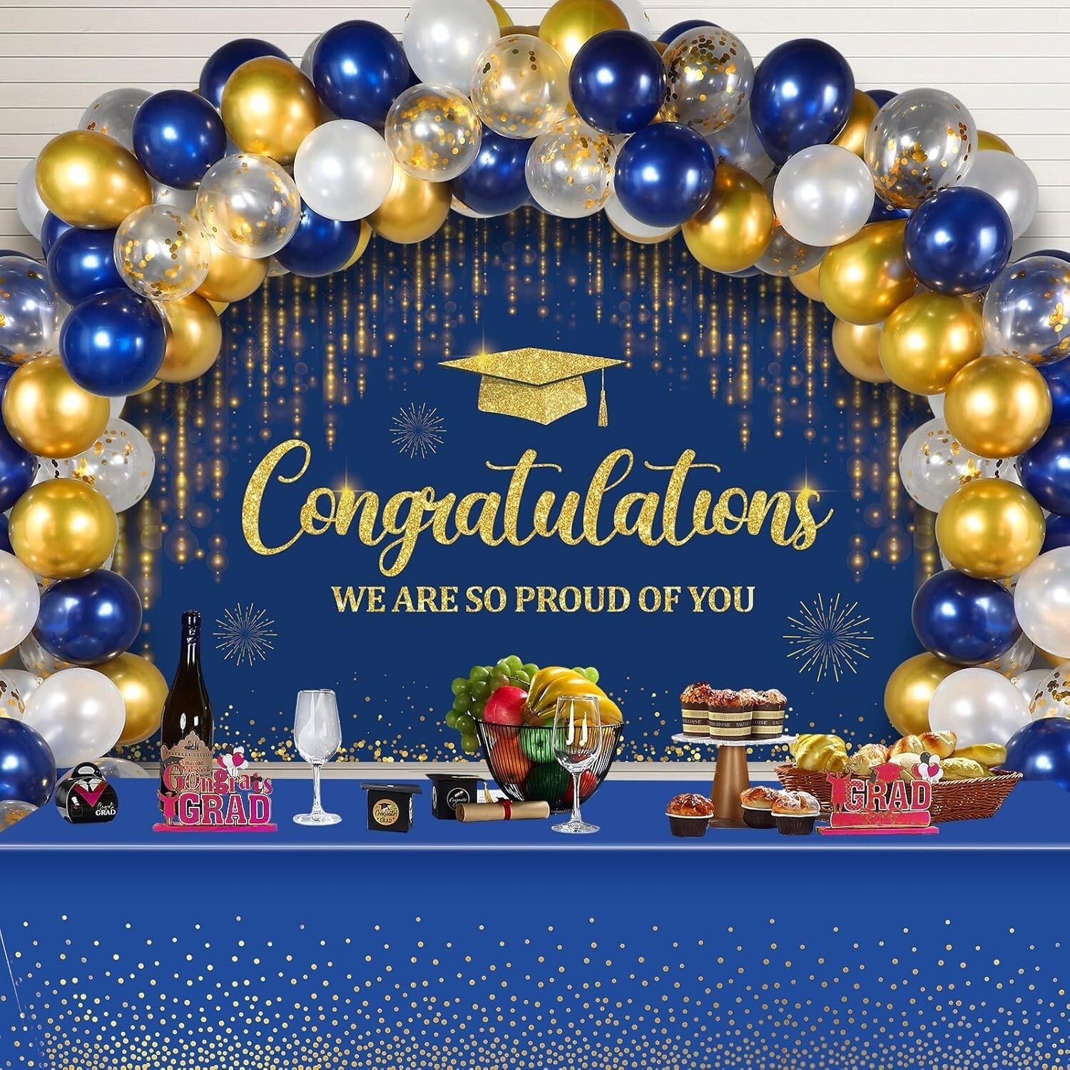 Complete Graduation Decor Bundle - Balloons, Backdrop & Gold Dot Tablecloths