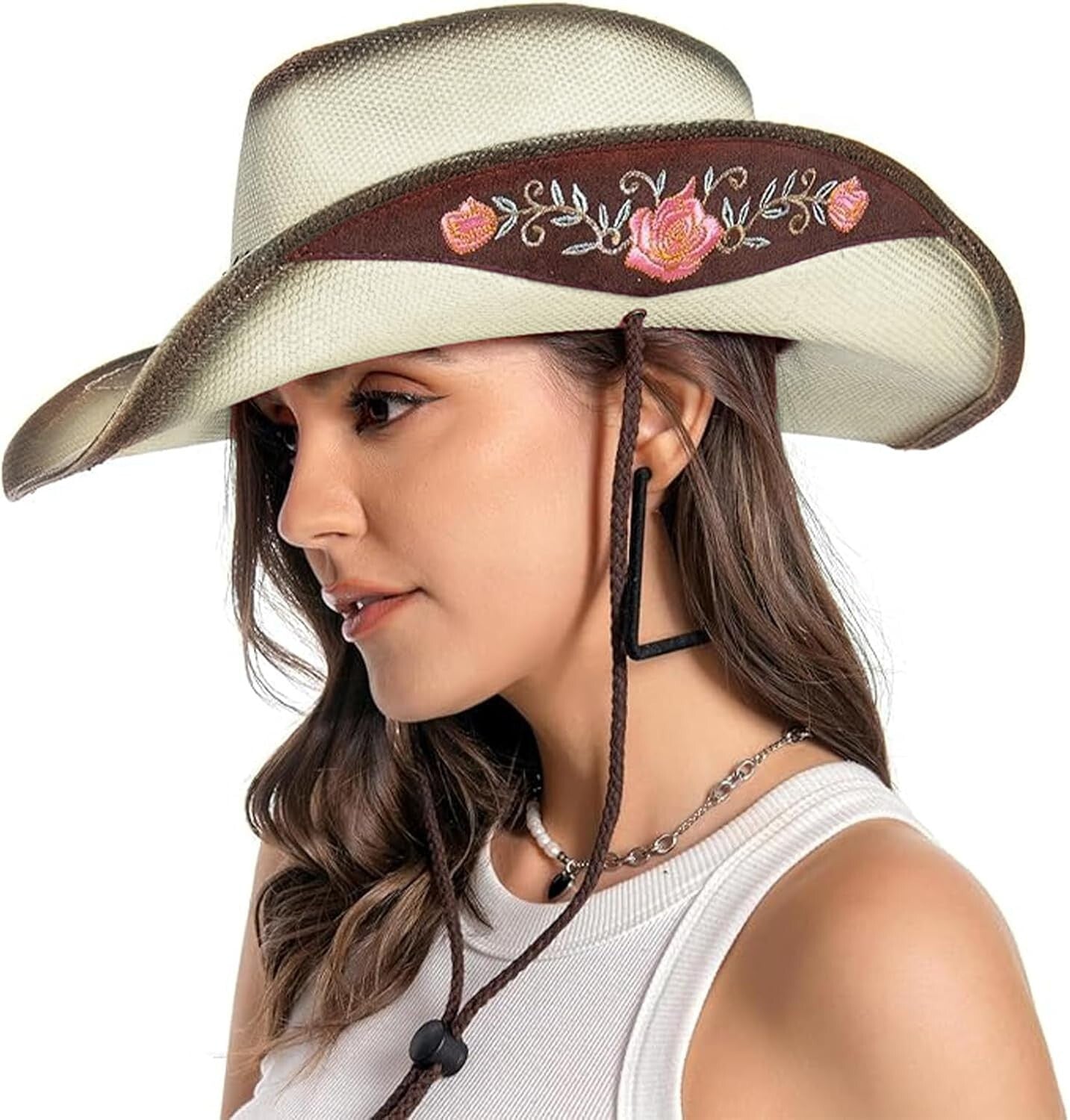 Handmade Peony Embroidered Straw Cowboy Hat for Women - Perfect for Festivals