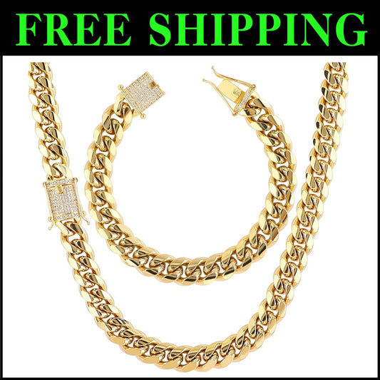 Durable 18K Gold Plated Stainless Steel Cuban Link Set - 24 Inch Men's Jewelry