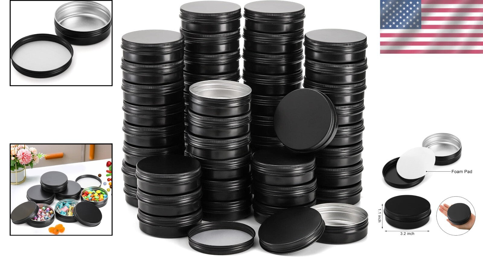 Compact Round 4 oz Matte Black Aluminum Tins - 48 Pack Storage for Crafts