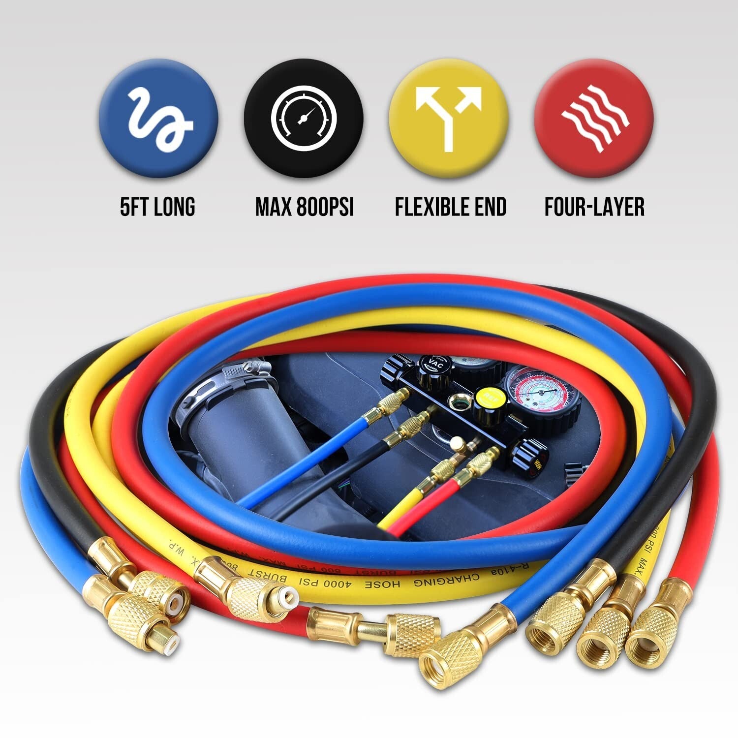 4-Way HVAC Diagnostic Gauge Set with Adjustable Couplers - 0-800 PSI Range
