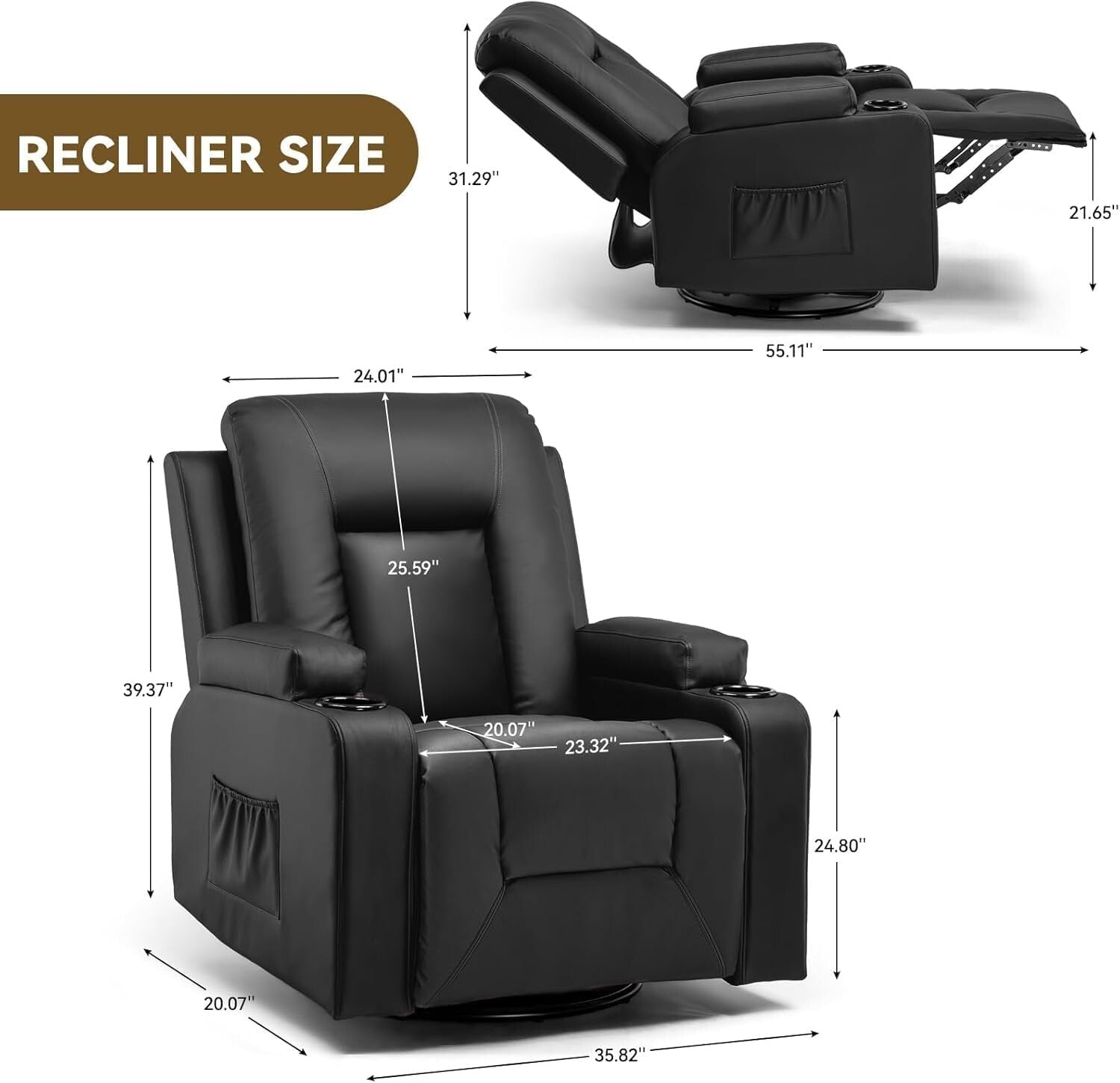 Contemporary Black Recliner Chair with Massage, Cup Holders, and Storage Pockets