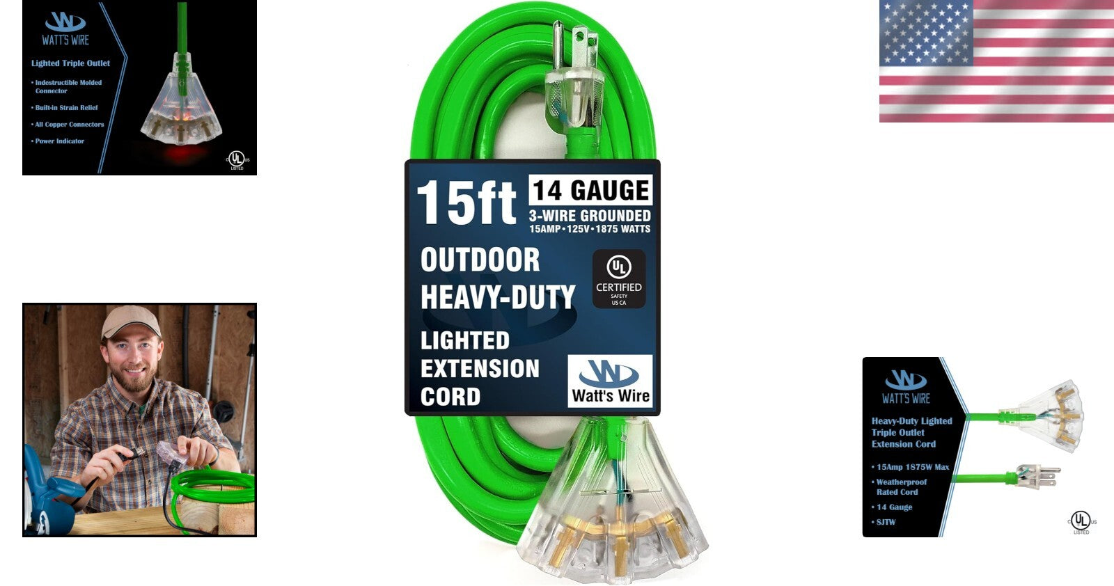 Durable 15 ft Green Extension Cord, 3 Outlet, 14 Gauge for Safe Performance