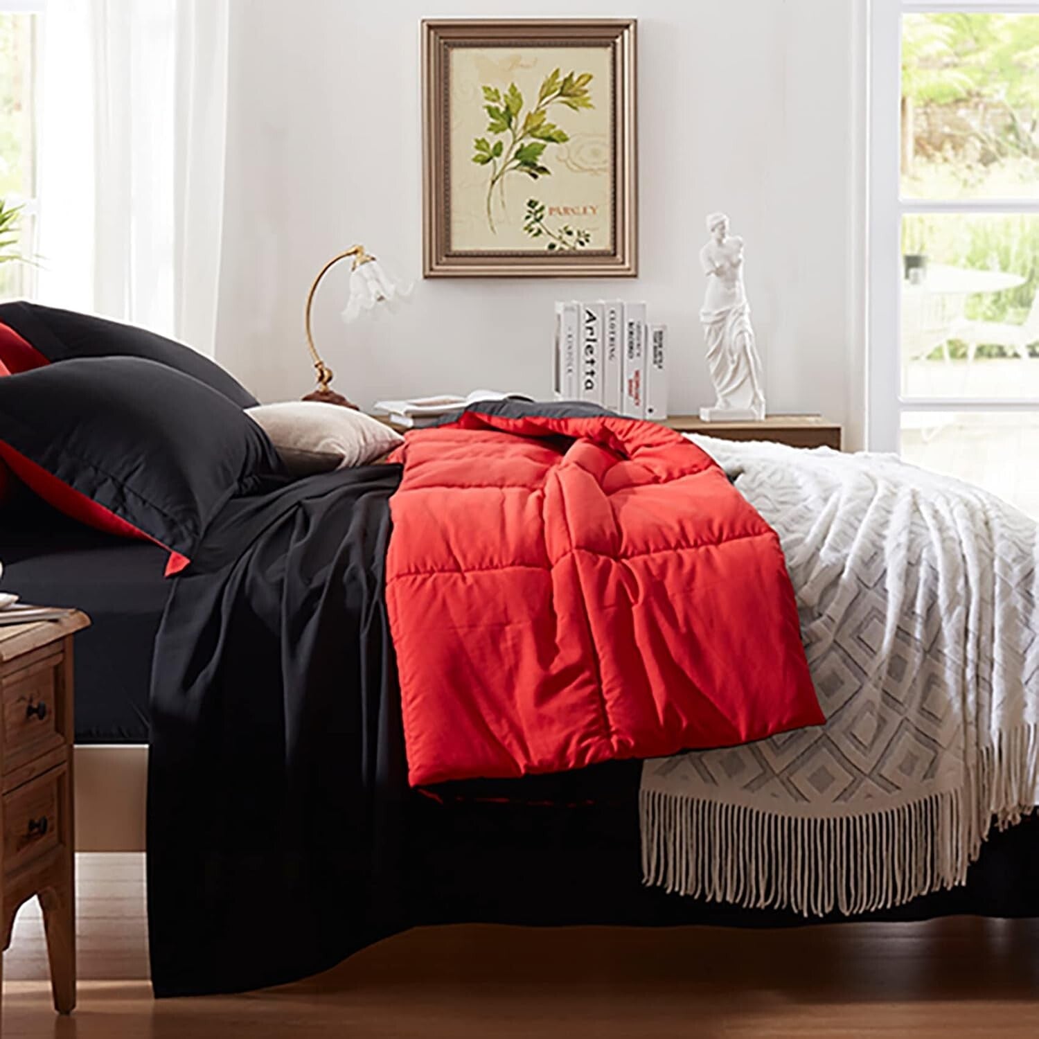 7-Piece All-Season Bedding Set with Black & Red Microfiber Comforter - Cal King
