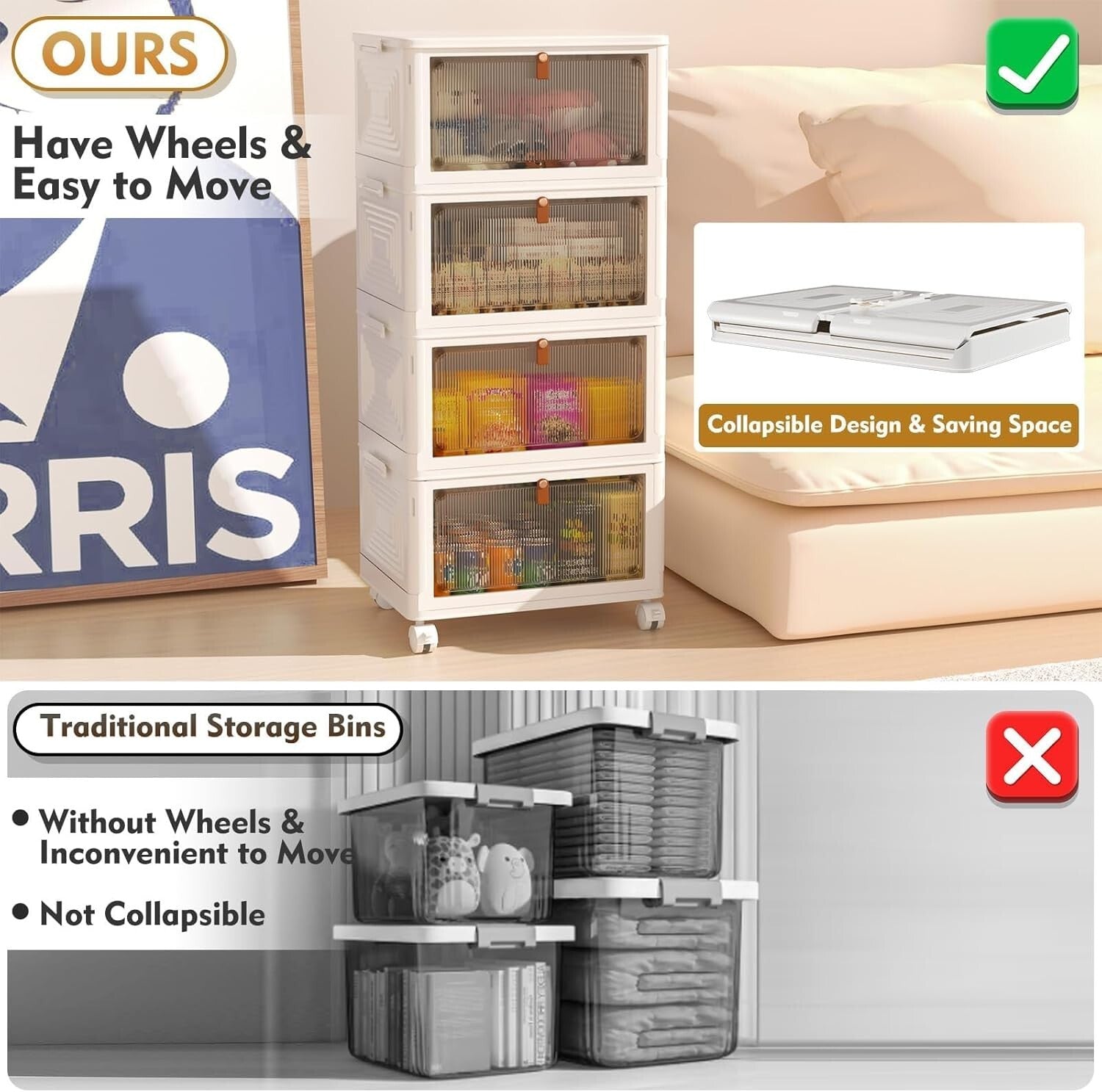 Folding Stackable 4-Tier Storage Boxes with Lockable Wheels - High Quality PP