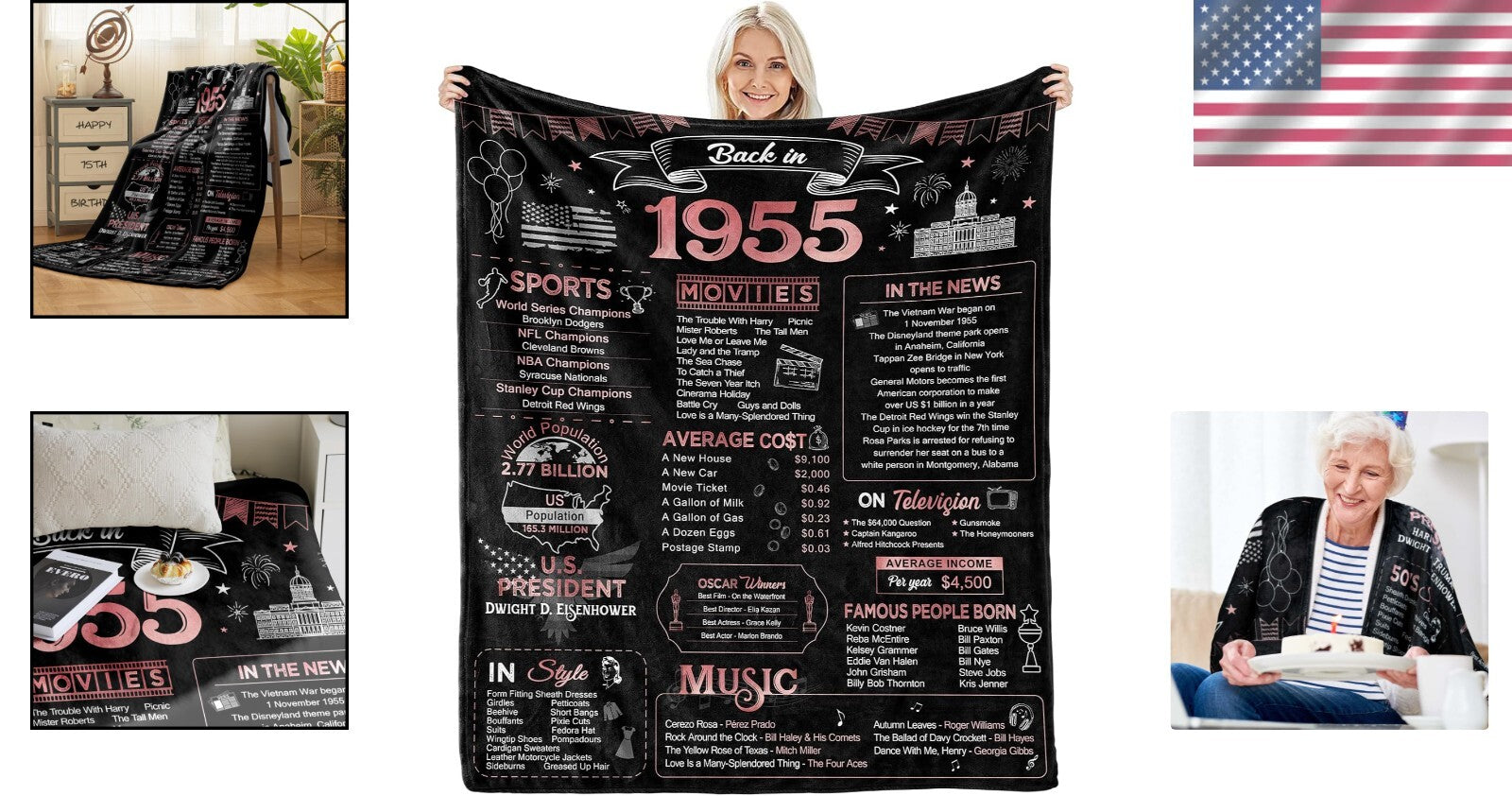 Back in 1955 Throw Blanket - Elegant 70th Birthday Gift for Women, 60x50 Size
