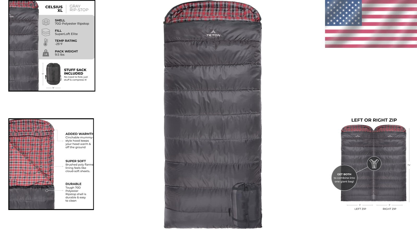 TETON Camping Sleeping Bag (-25F) with Self-Repairing Zipper & Draft Tubes
