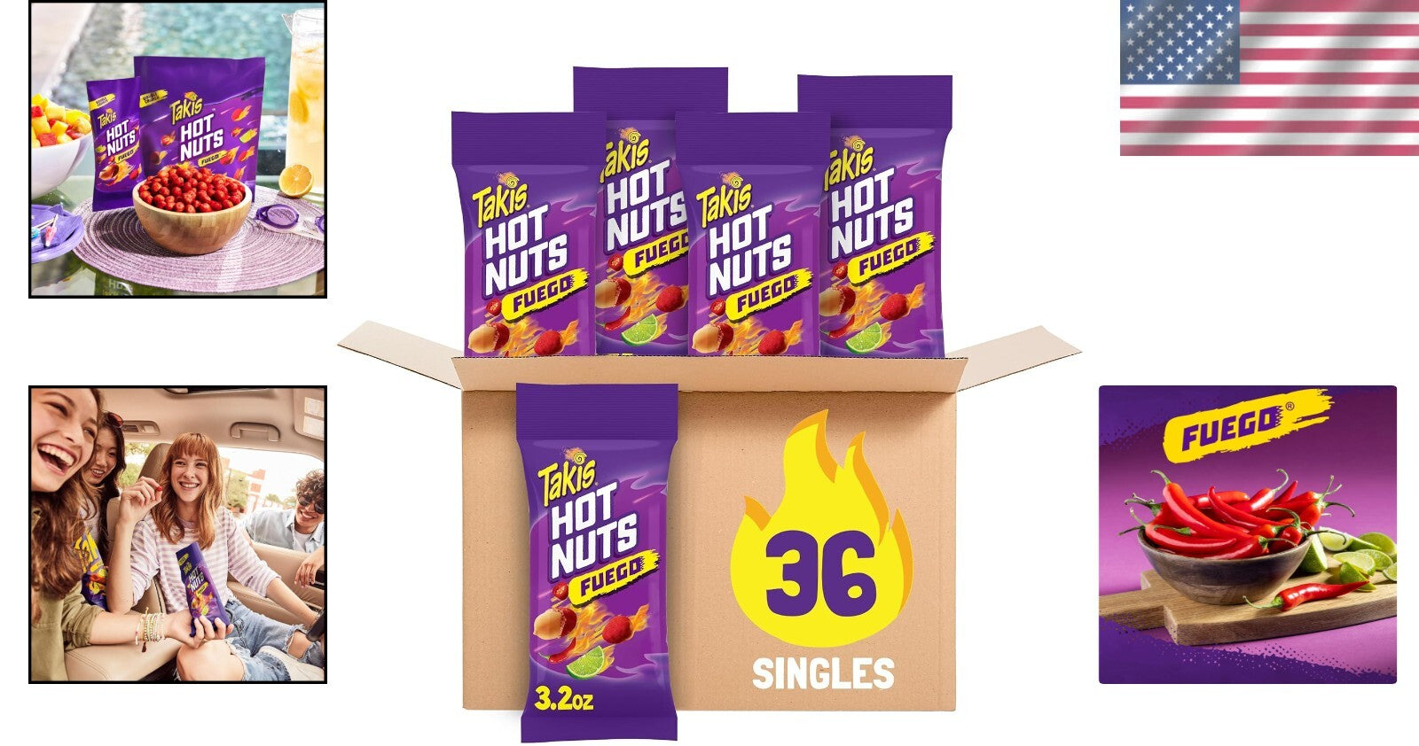 Fuego Hot Nuts 3 Ct - Extreme Spicy Double-Crunch Peanuts in Lime & Chili Flavor