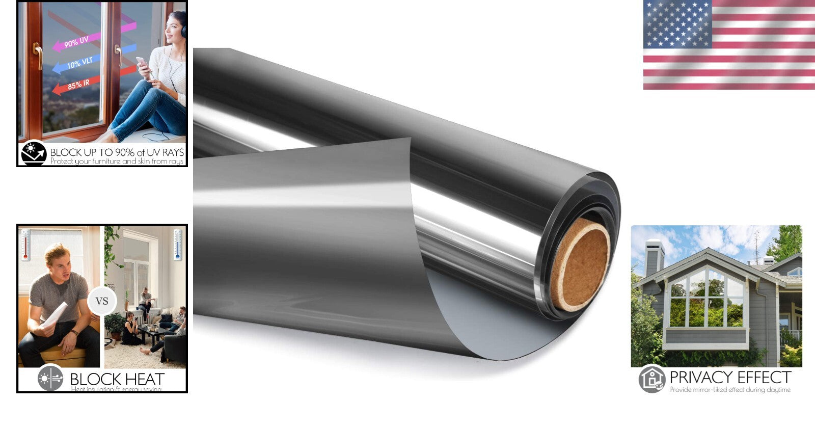 Black-Silver One Way Window Tint - UV Blocking & Easy Install, 35.4" x 16.4'